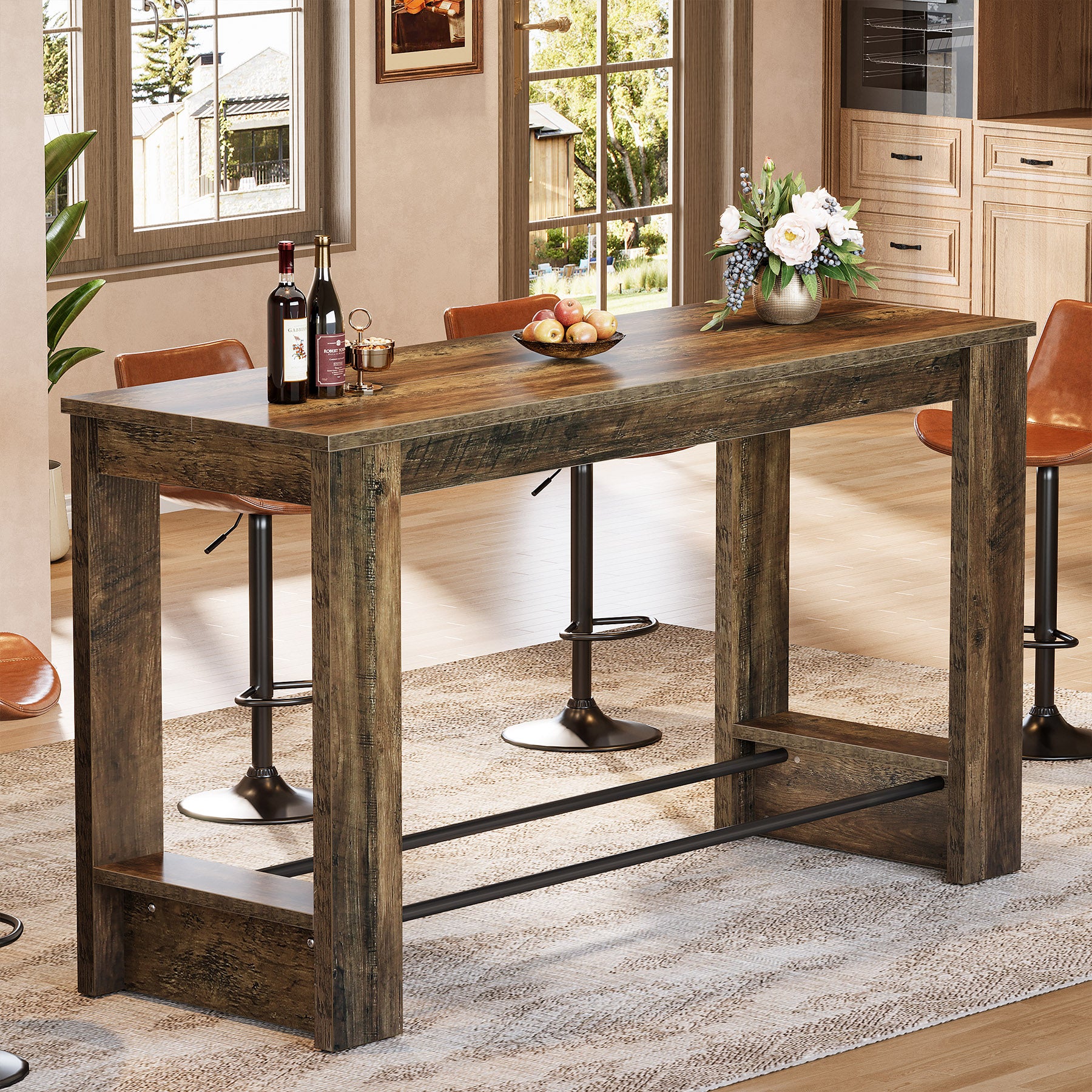 63" Bar Table Counter Height Pub Table with Metal Footrests