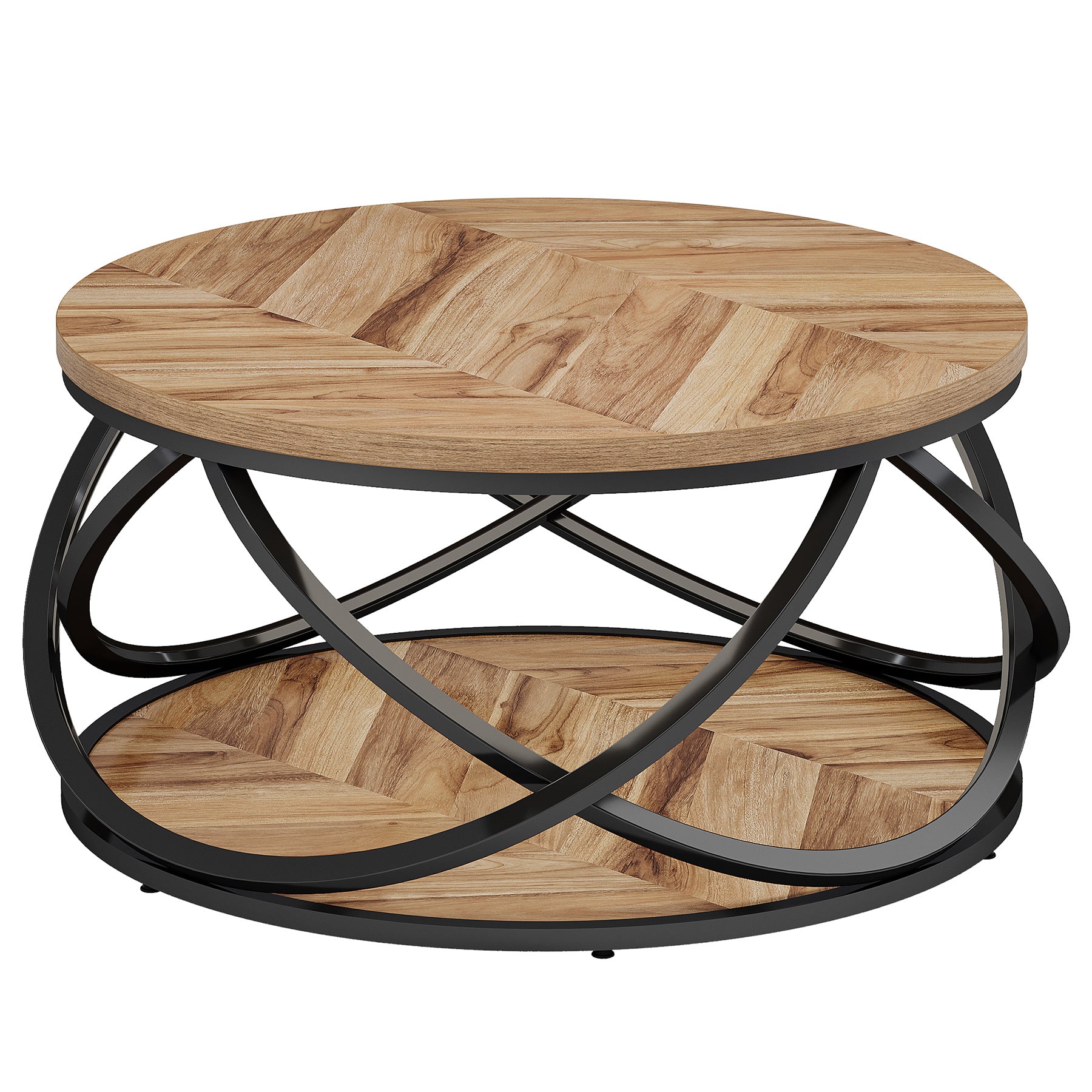 Round Coffee Table, 2-Tier Circle Center Table with Storage Shelves