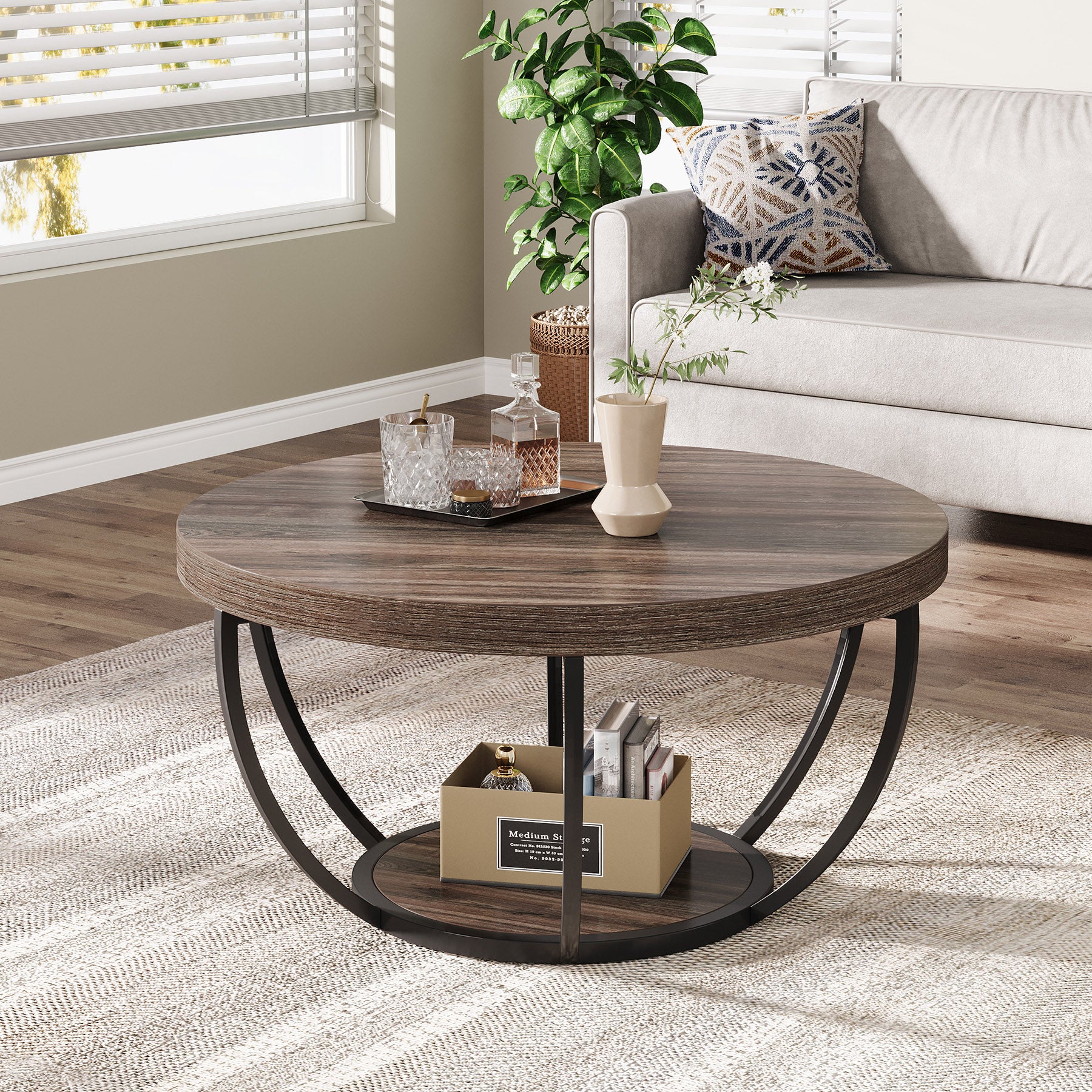 Wooden Coffee Table, 2-Tier Round Central Cocktail Table with Shelves