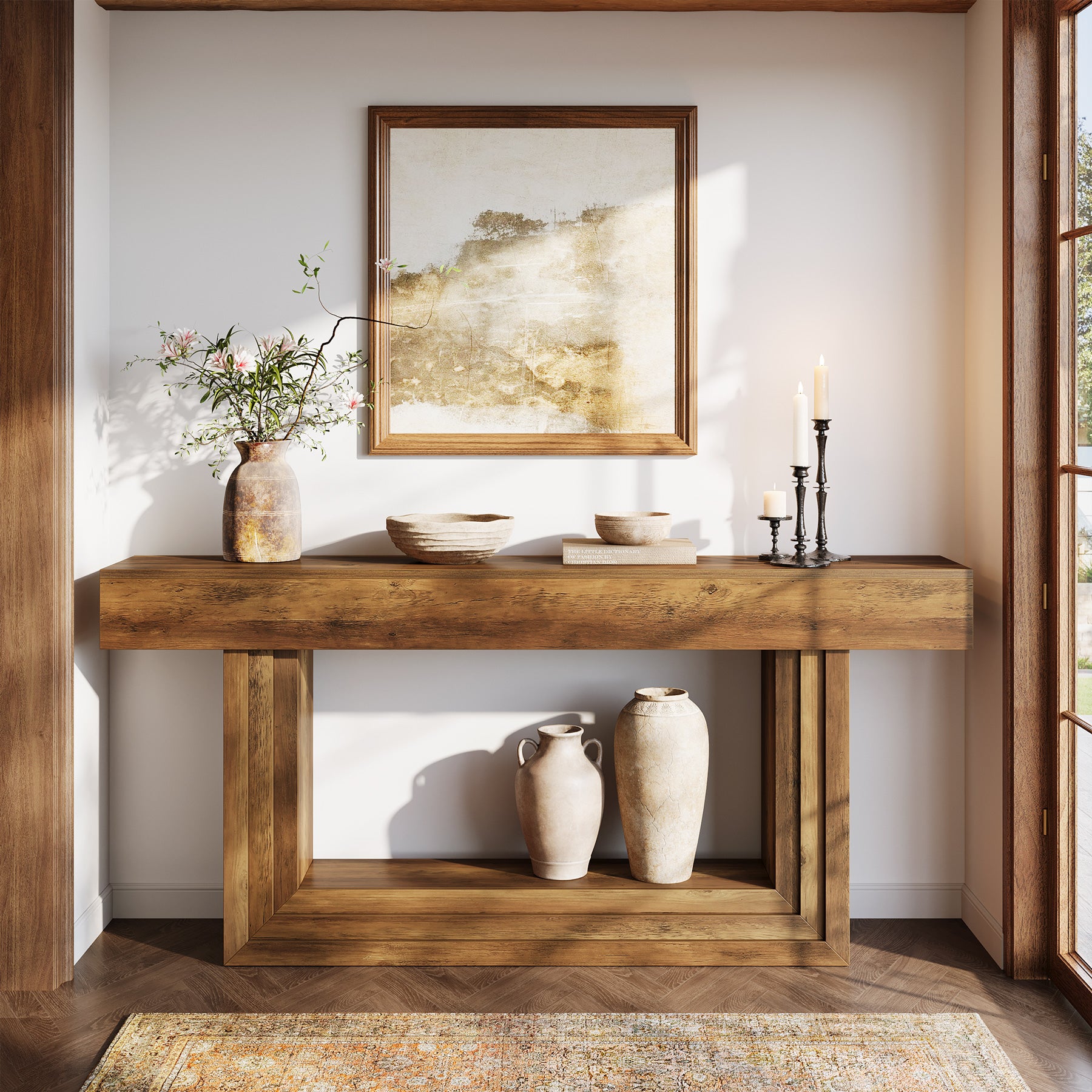 63” Narrow Console Table with 2-Tier Storage, Farmhouse Entryway Table Behind Couch