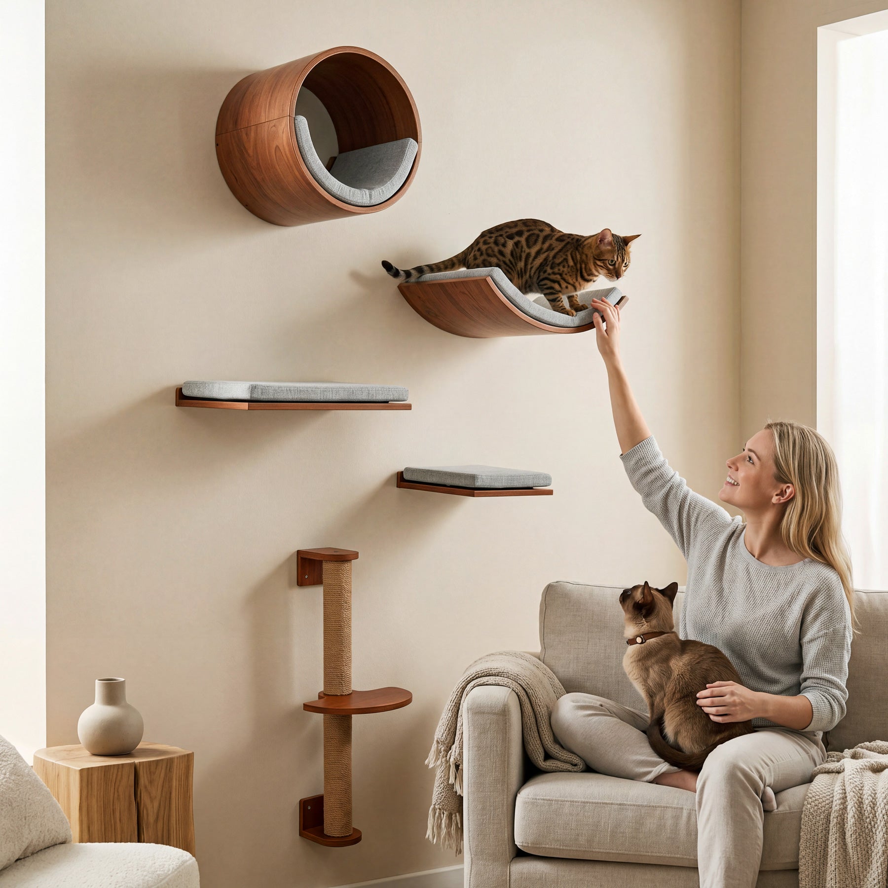 Solid Wood Cat Wall Shelves Set, 5-in-1 Cat Wall Furniture Cat Perches Set for Living Room