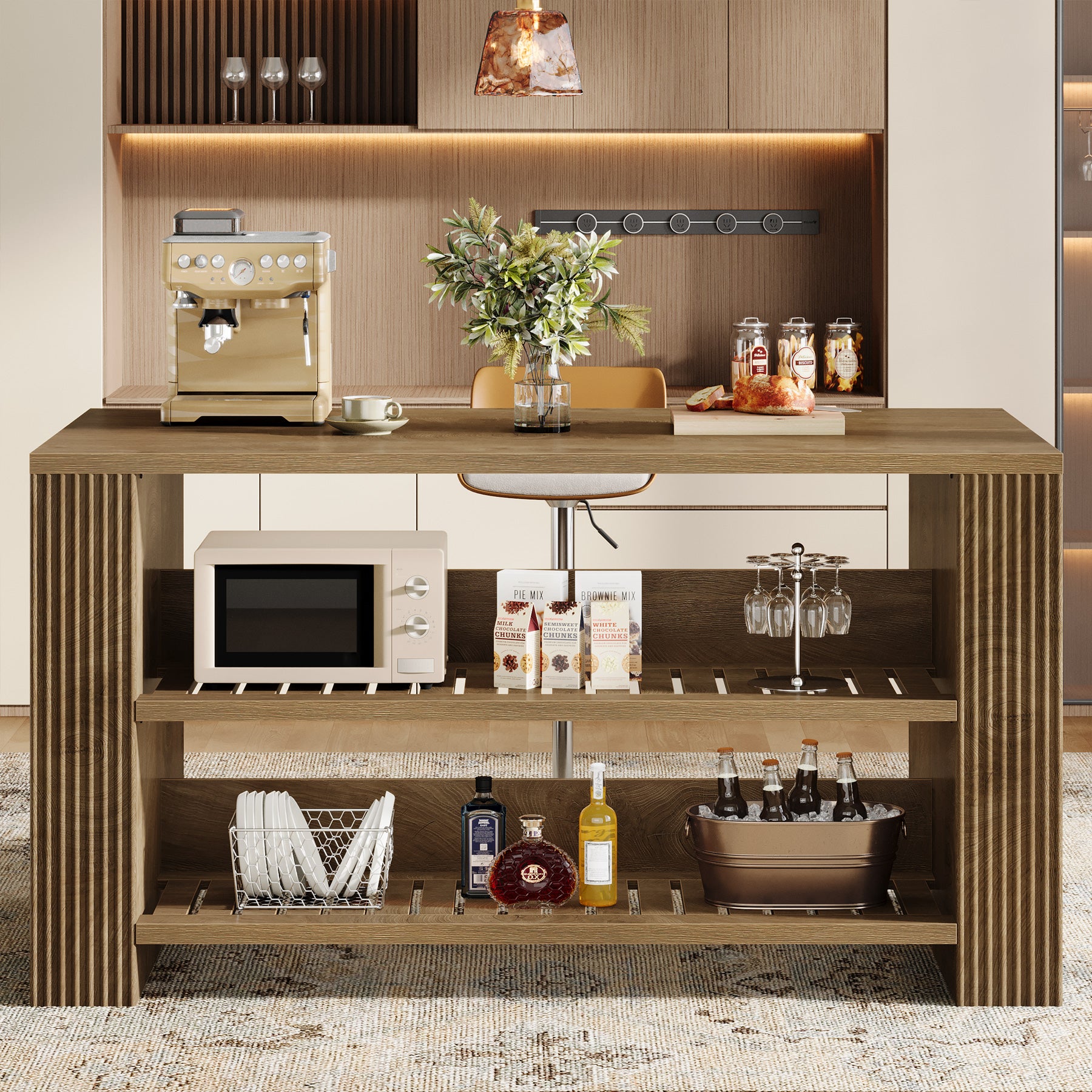 59" Kitchen Island, Large Storage Islands Coffee Unit with Shelves