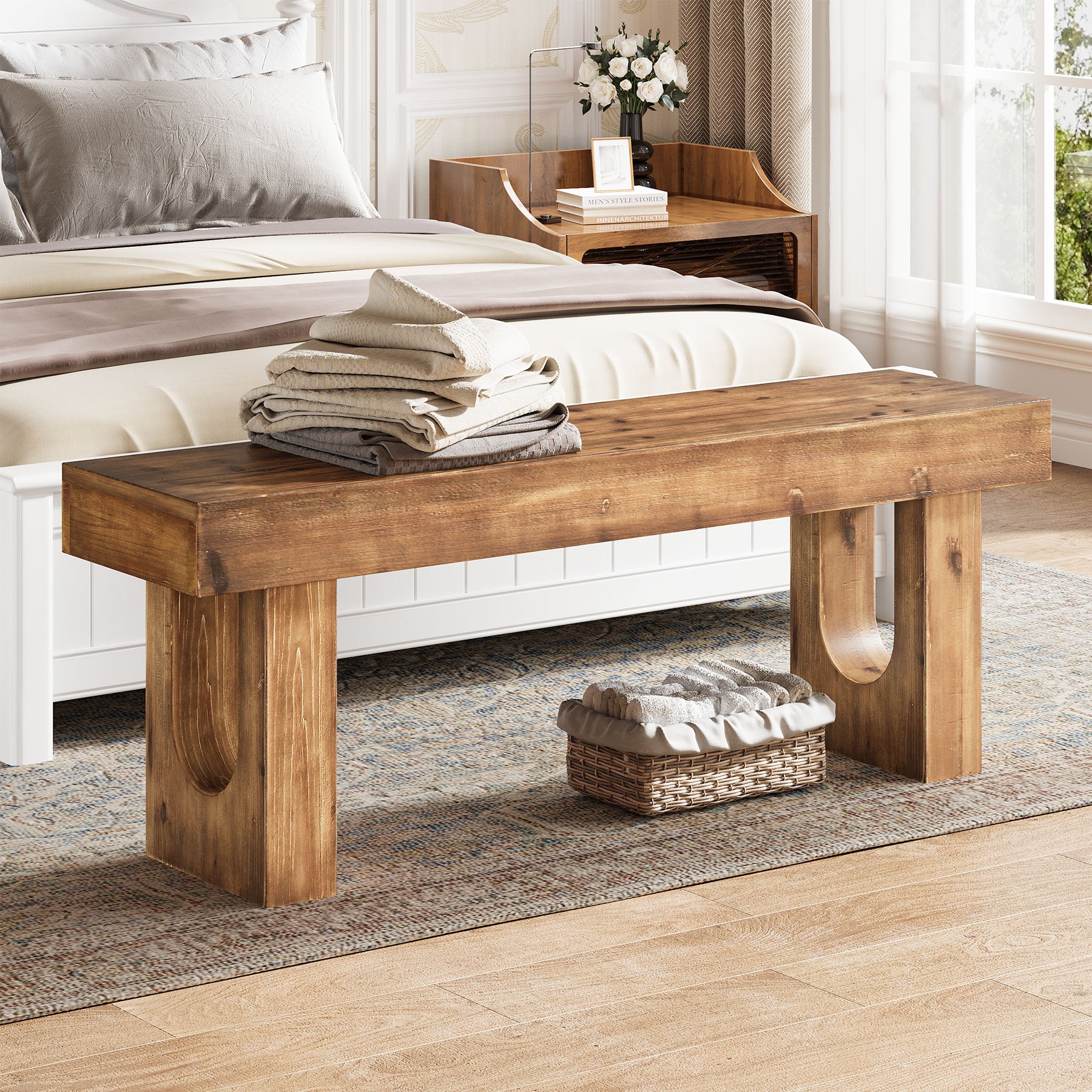 Wood Shoe Bench, 47" Narrow Entryway Bench End of Bed Bench