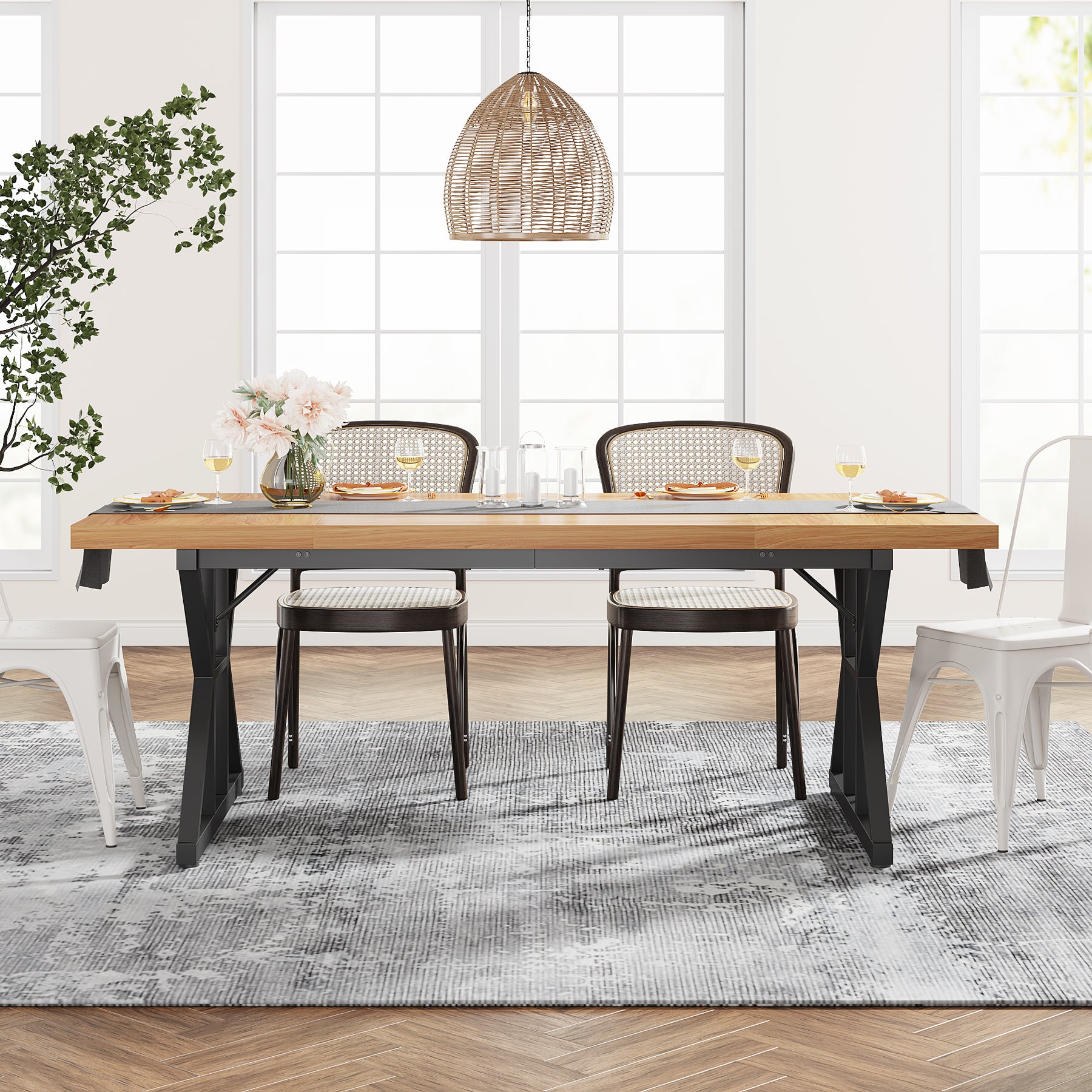 70.8" Farmhouse Dining Table for 6, Rectangular Wood Kitchen Table with Metal Legs