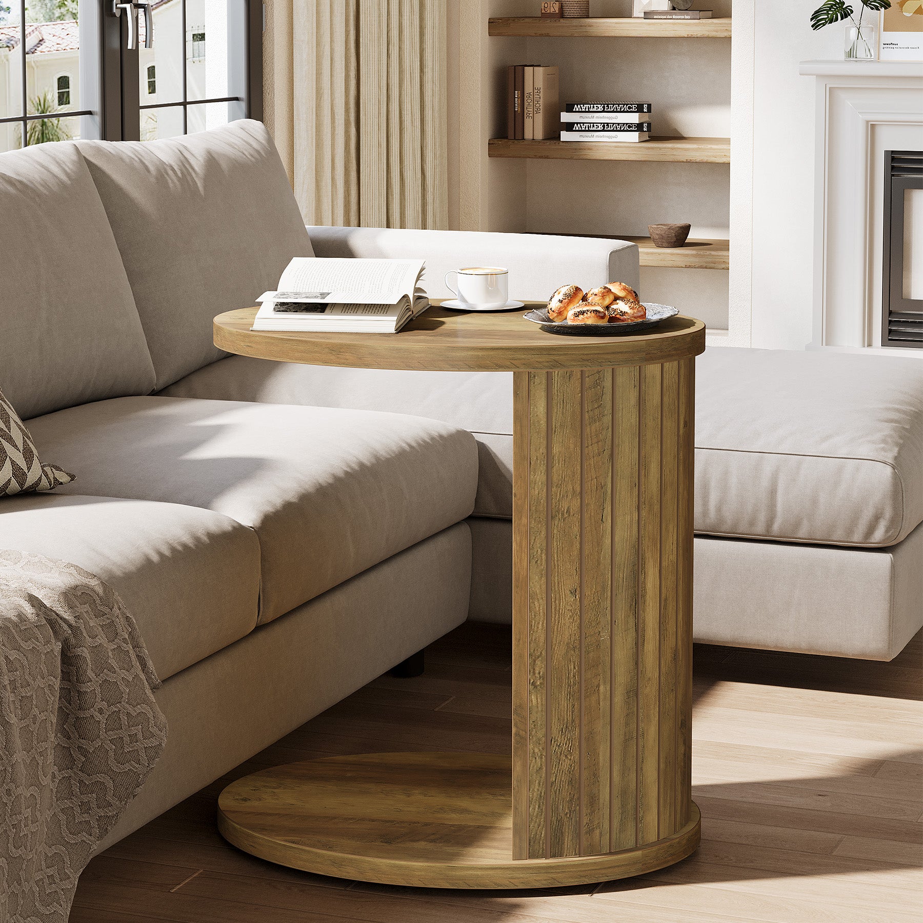 C-Shaped End Table, Fluted Sofa Side Table with Storage Shelf for Small Space