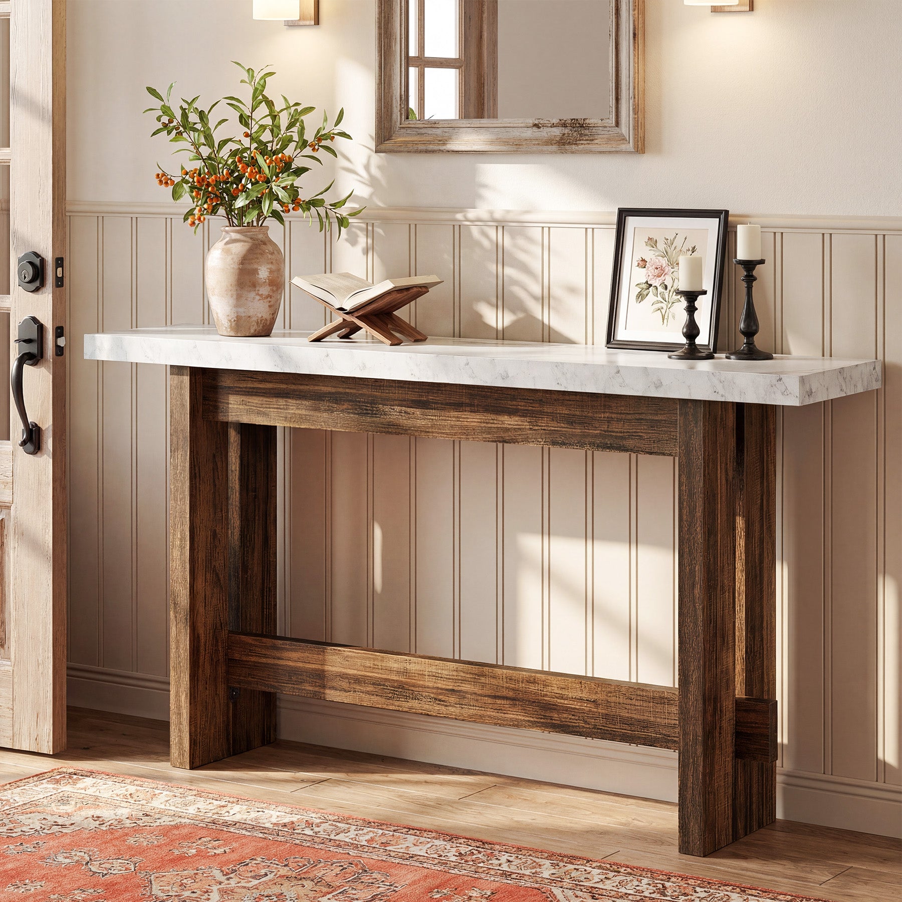63" Farmhouse Console Table with Faux Marble Top, Narrow Sofa & Entryway Table for Behind Couch