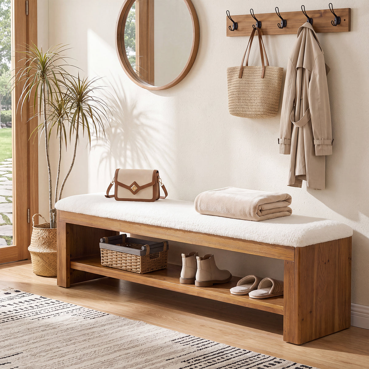 63" Solid Wood Entryway Bench with Cushion and Storage, Upholstered Shoe Bench for Hallway