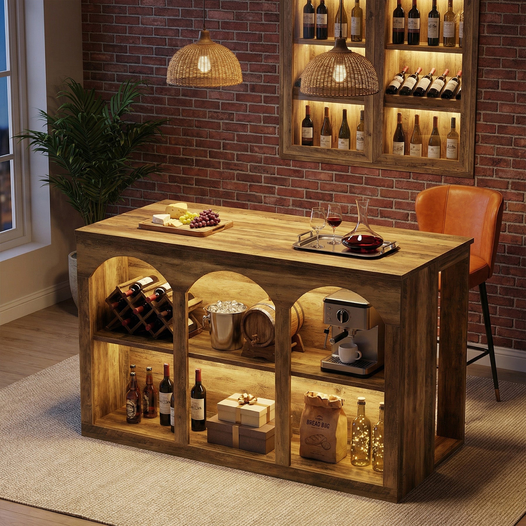 55" Bar Table, High Top Large Home Bar Unit Table with 2-Tier Shelves