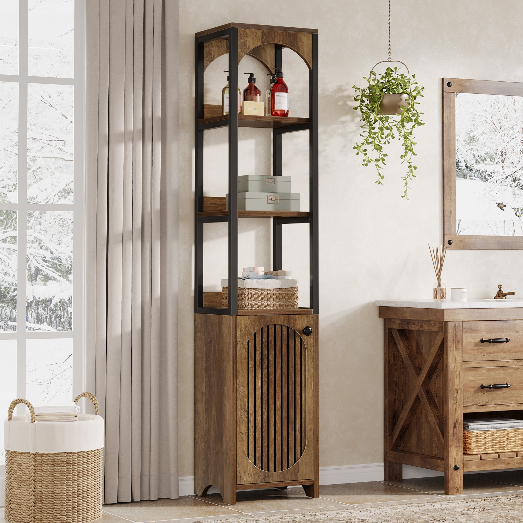 71.6" Bookshelf with Cabinet, Narrow Bookcase with Open Storage Shelves