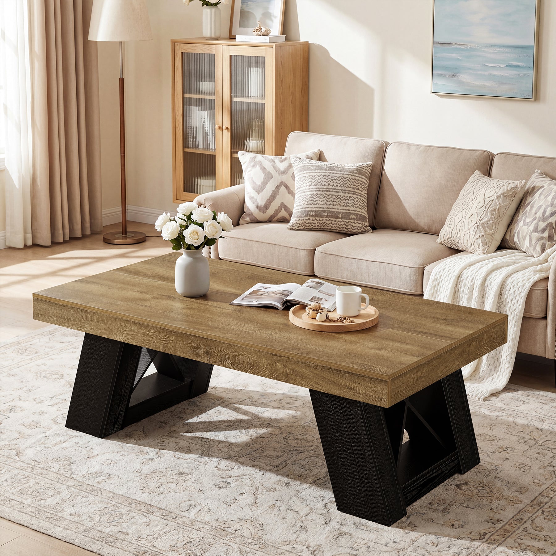 Tribesigns 55-Inch Large Coffee Table, Thick Top X-Frame Table for Living Room