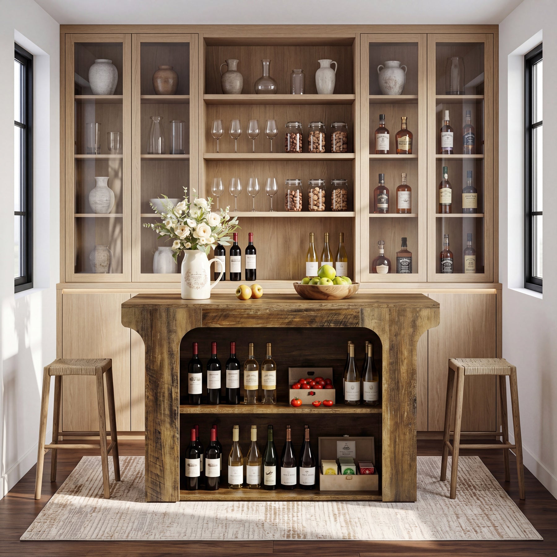 55" Rectangular Bar Table, Island Bar Station with Storage and 2 Shelves