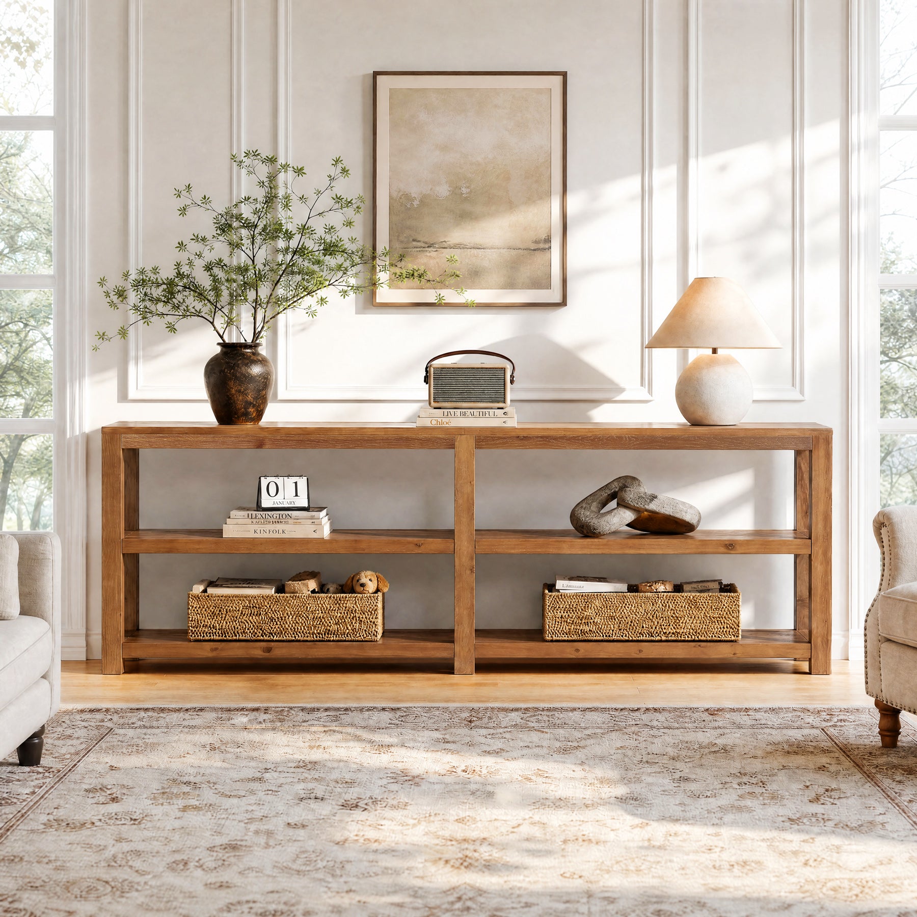 78.7" Solid Wood Console Table, 3-Tier Extra-Long Entryway Sofa Table with Open Storage