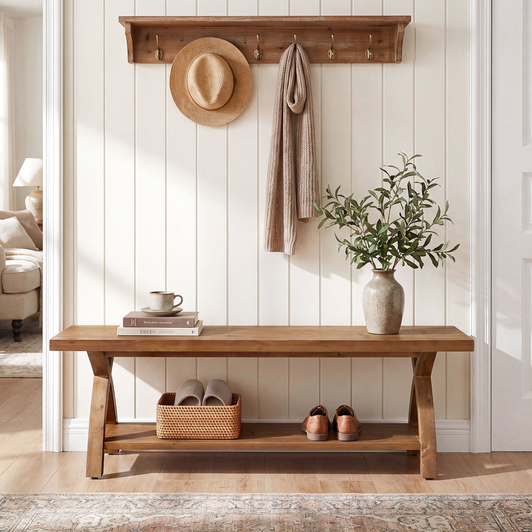 47.2-Inch Solid Wood Entryway Bench with Shoe Storage, 2-Tier Rustic Indoor End of Bed Bench