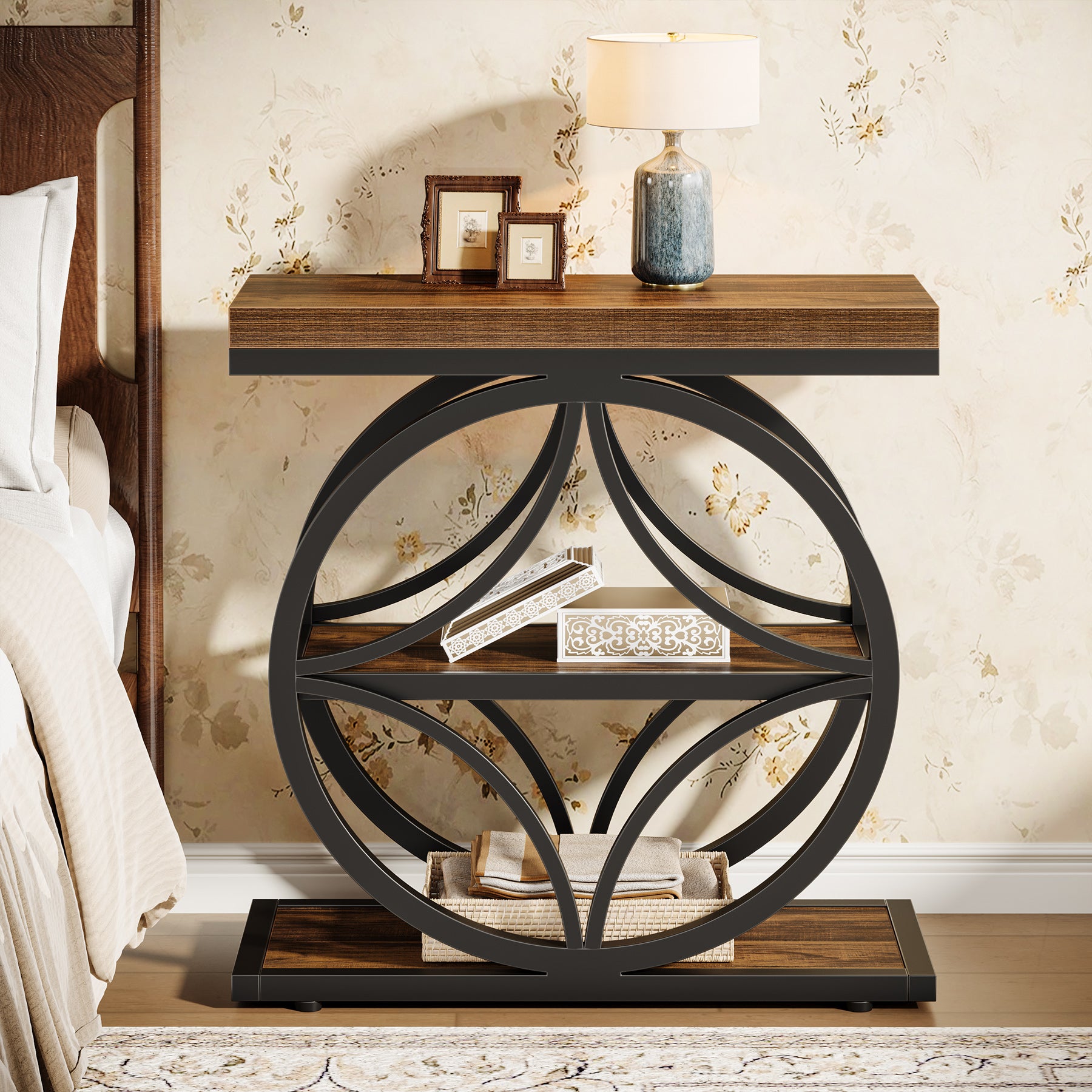 Industrial End Table, Narrow Bedside Table with 3 - Tier Storage Tribesigns