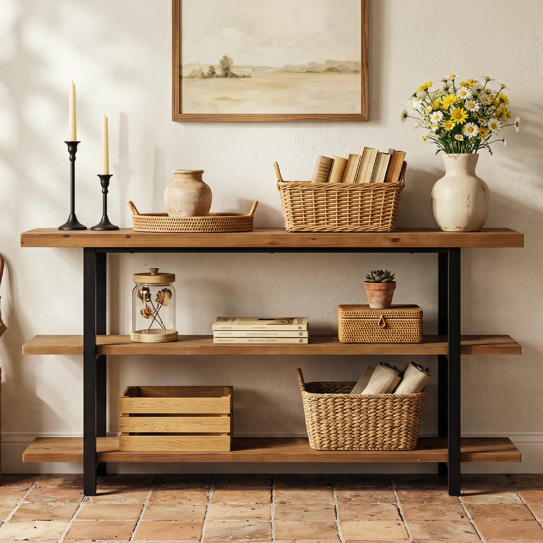 63" Solid Wood Console Table with 3-Tier Storage, Farmhouse Entryway Sofa Table with Metal Frame