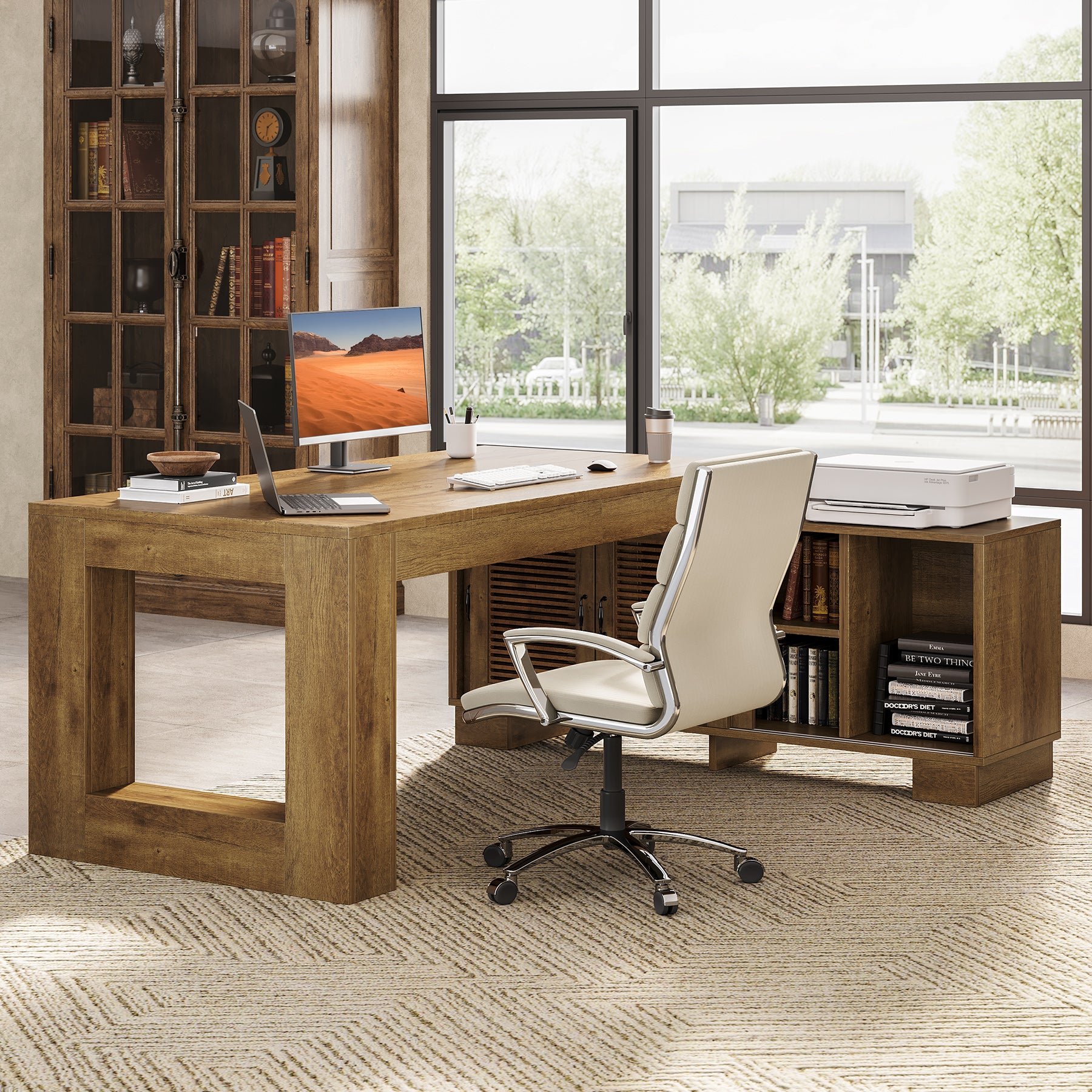 63" Computer Desk, L-shaped Executive Desk with Storage Cabinets