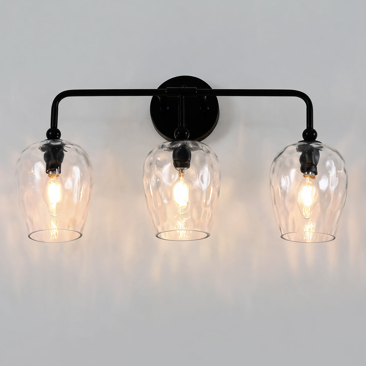 3-Light 22" Bathroom Vanity Light, Matte Black Wall Sconce with Water Ripple Glass