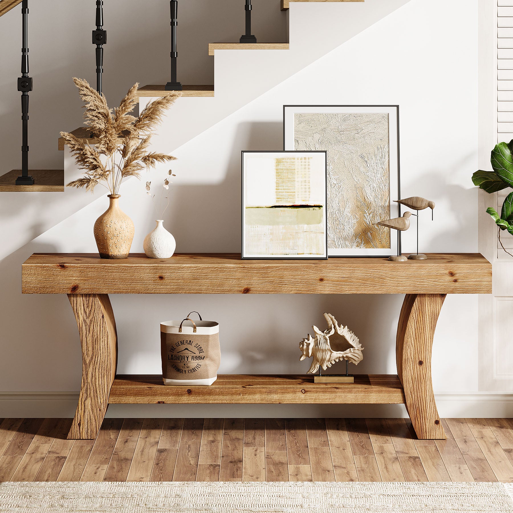 2-Tier Solid Wood Console Table, 63" Farmhouse Sofa Table Behind Couch