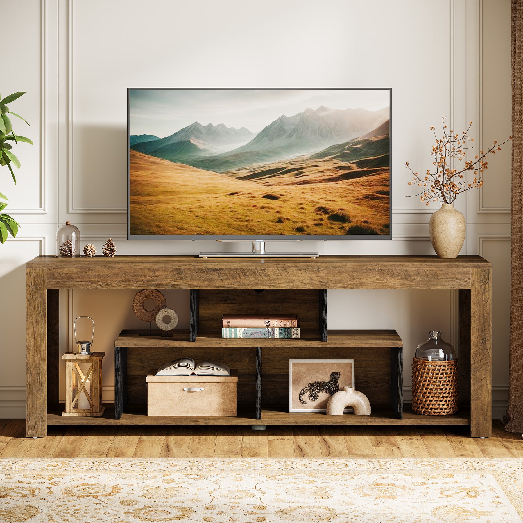 63-Inch TV Stand for 65–75 Inch TV, Rustic Wooden Media Console with Storage Shelves