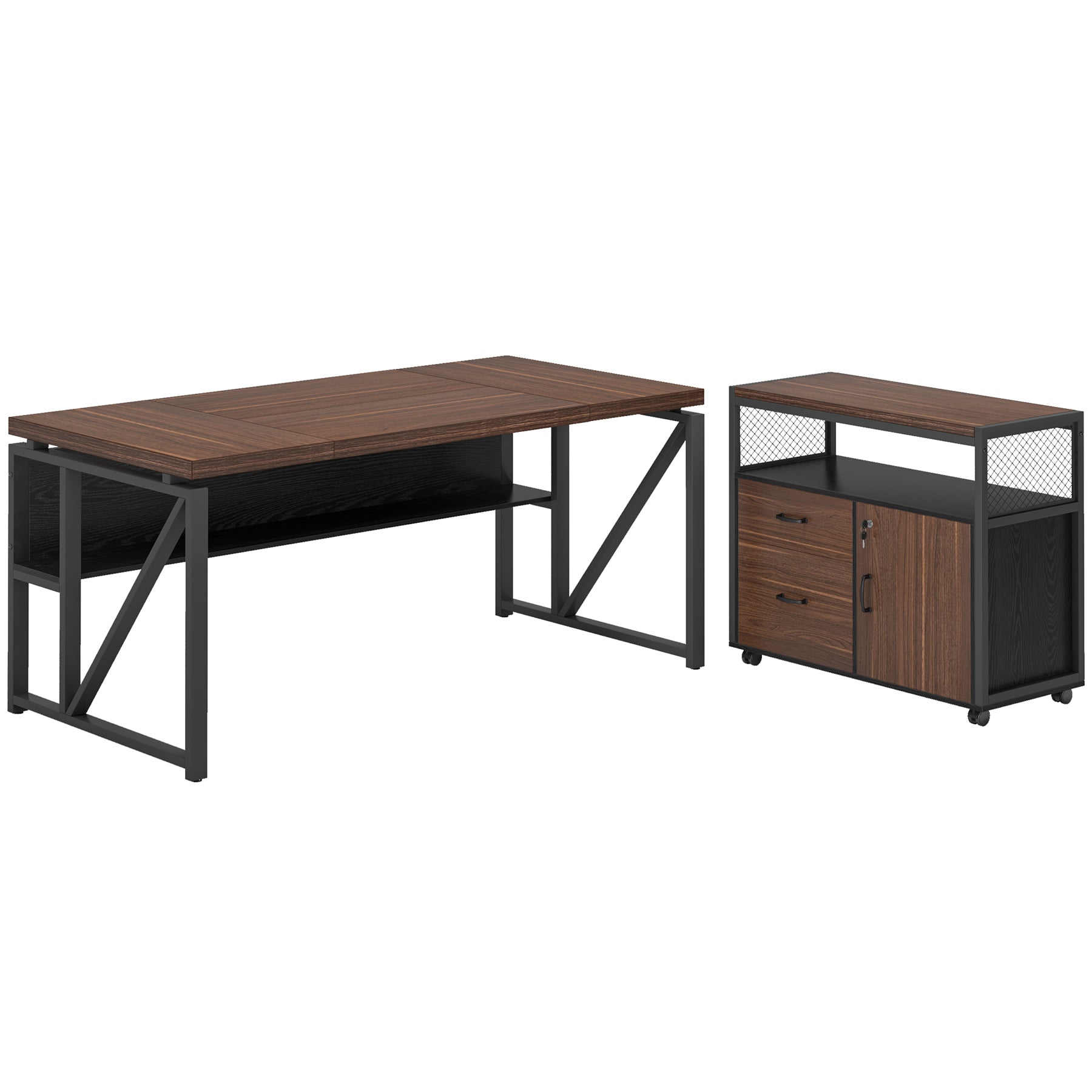 55" / 63" L-Shaped Executive Desk with Storage Shelves and Mobile File Cabinet(2 Drawers and 1 Storage Compartment)