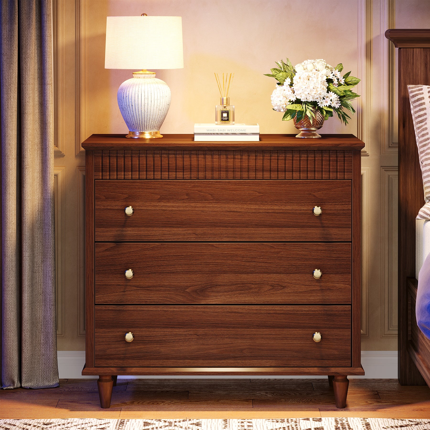 Nightstand with 3 Drawers, 31.5" Oversized Bedside Table with Mental Handles