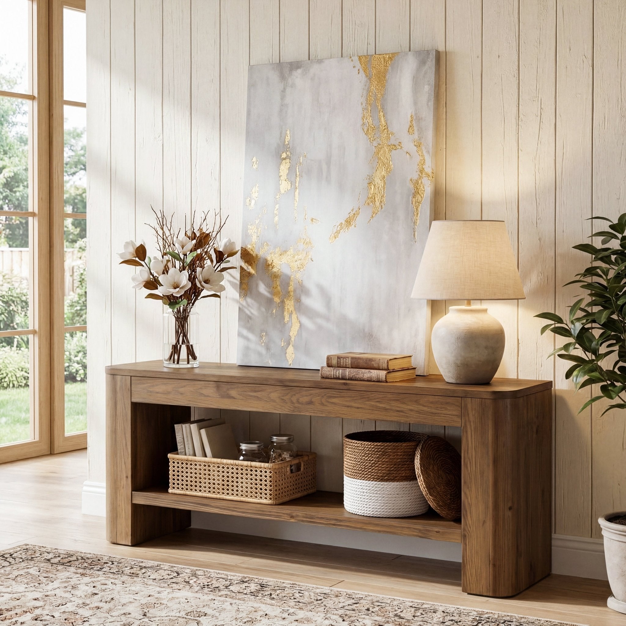 59“ Solid Wood TV Stand for 55–65 Inch TVs, Farmhouse Media Console with Open Shelves for Living Room or Bedroom