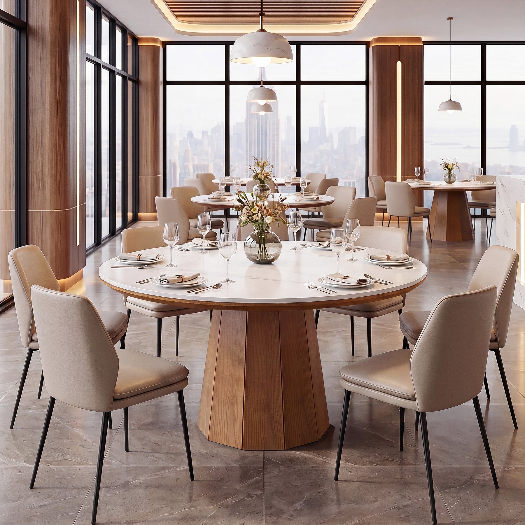 47” Round Sintered Stone Dining Table, Solid Wood Kitchen Dinner Table for 4-6