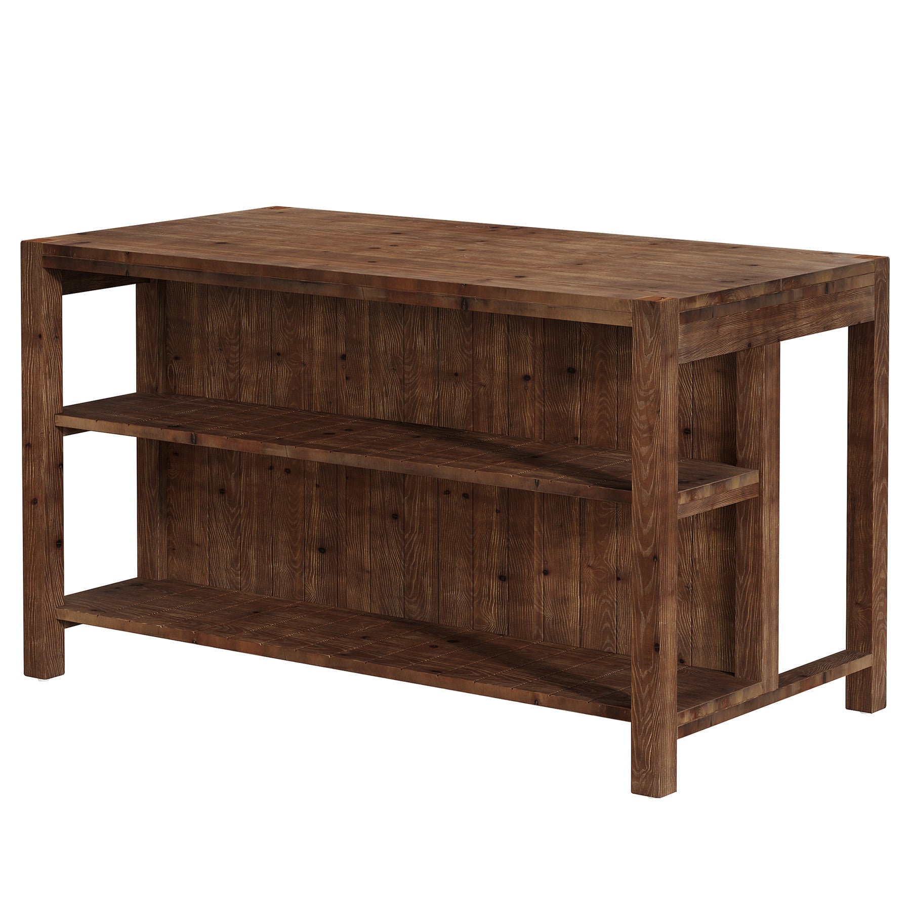 59" Farmhouse Kitchen Island, Solid Wood Dining Prep Table With 2 Open Storage Shelves