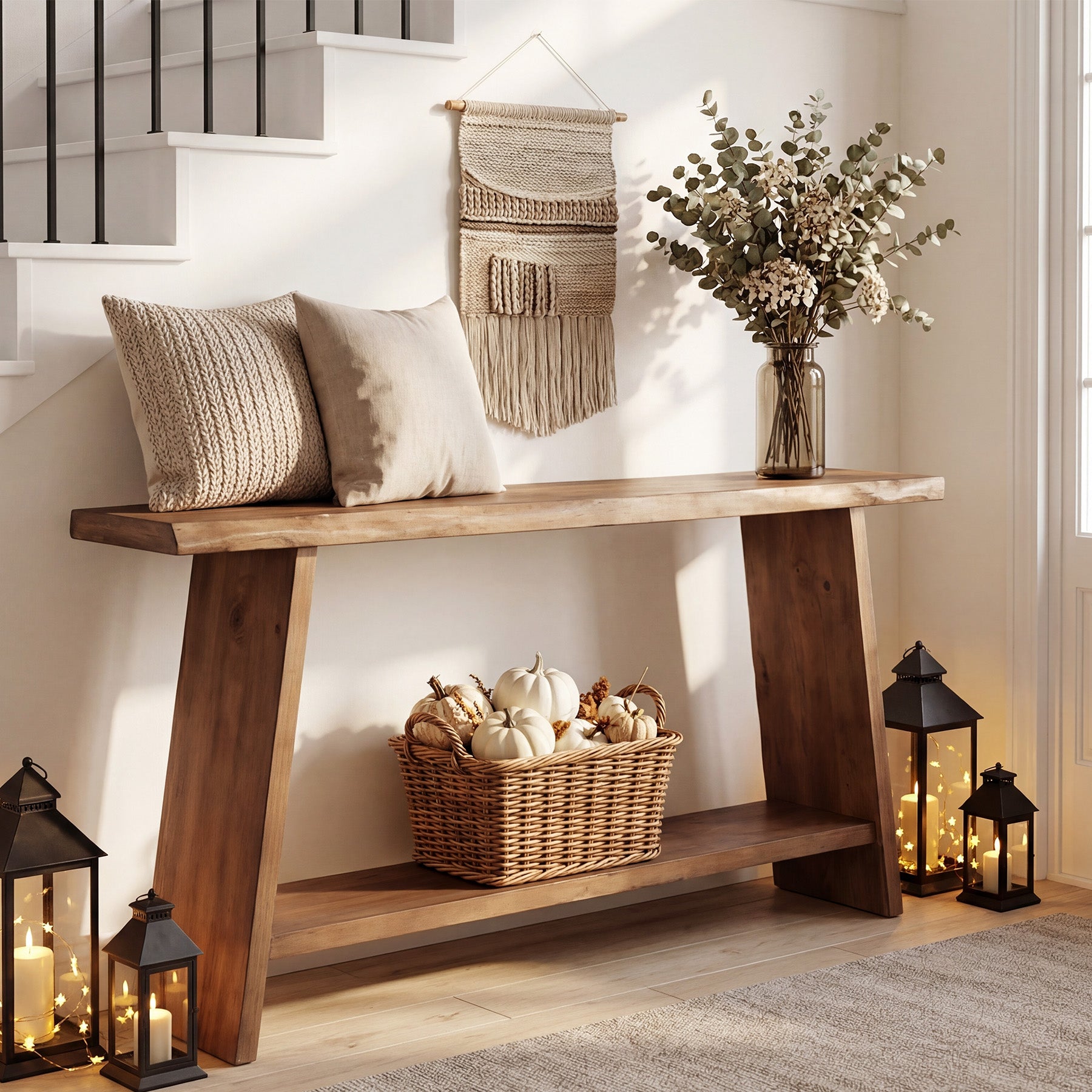 63" Solid Wood Console Table with Shelf, Farmhouse Narrow Entryway & Sofa Table