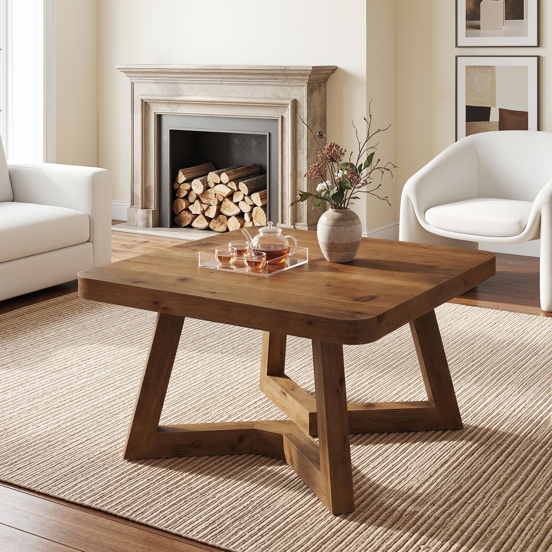 Solid Wood Square Coffee Table, 31.5" Simple Center Table for Living Room