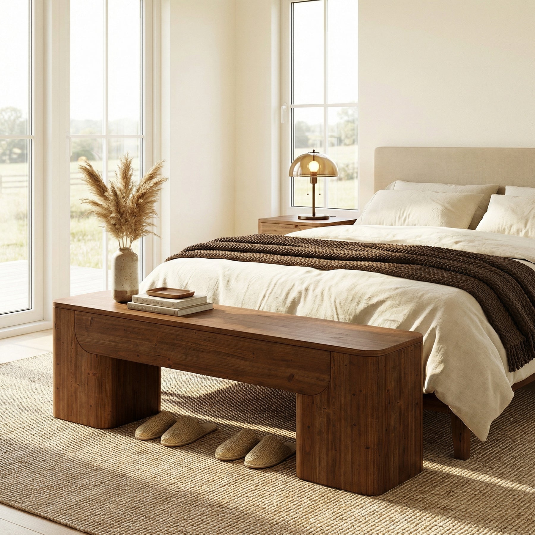 59" Solid Wood Bench, Rustic Heavy Duty Entryway Bench with Sturdy Legs