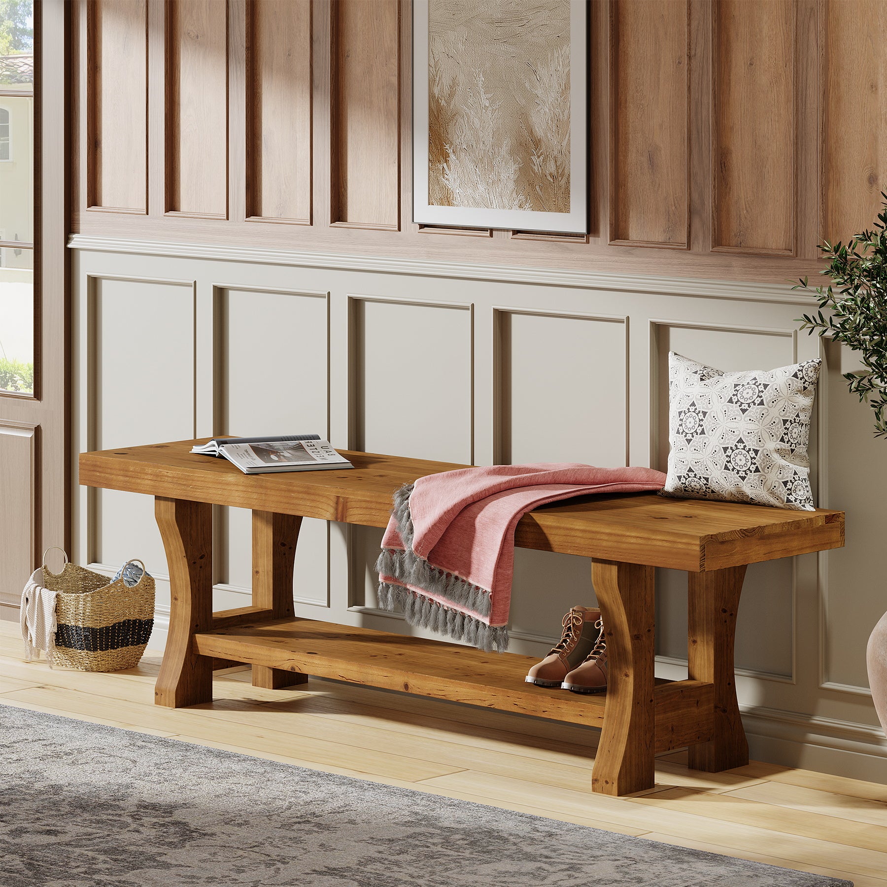 55" Entryway Bench, Solid Wood End of Bed Bench Dining Seat