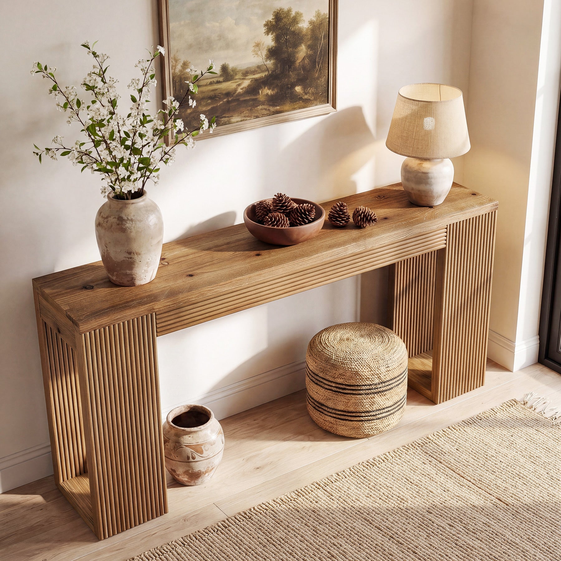 63" Solid Wood Farmhouse Console Table, Narrow Entryway Sofa Table with Fluted Legs