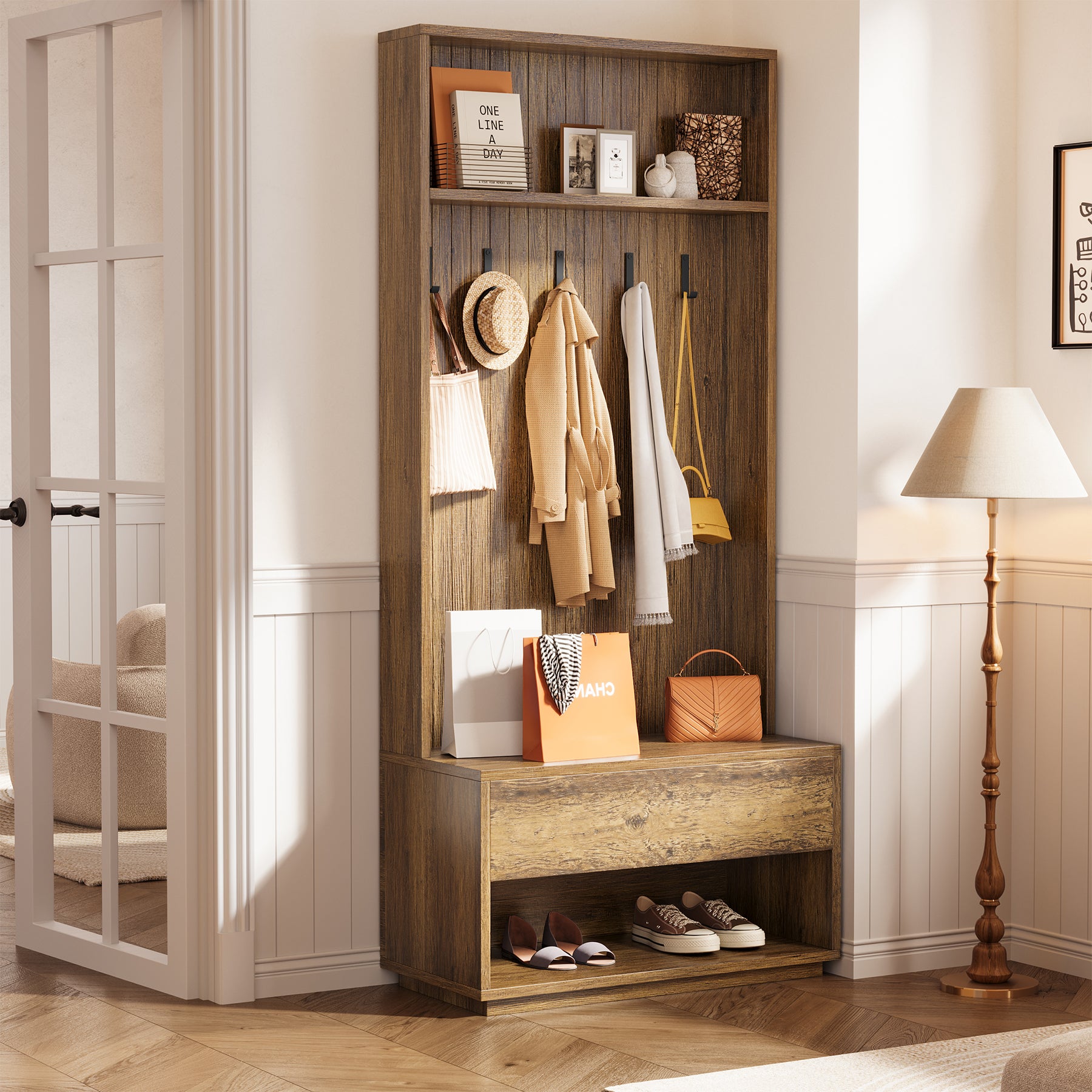 70.87-Inch Hall Tree with Bench and Shoe Storage, 5-in-1 Organizer with Drawer and 5 Hooks