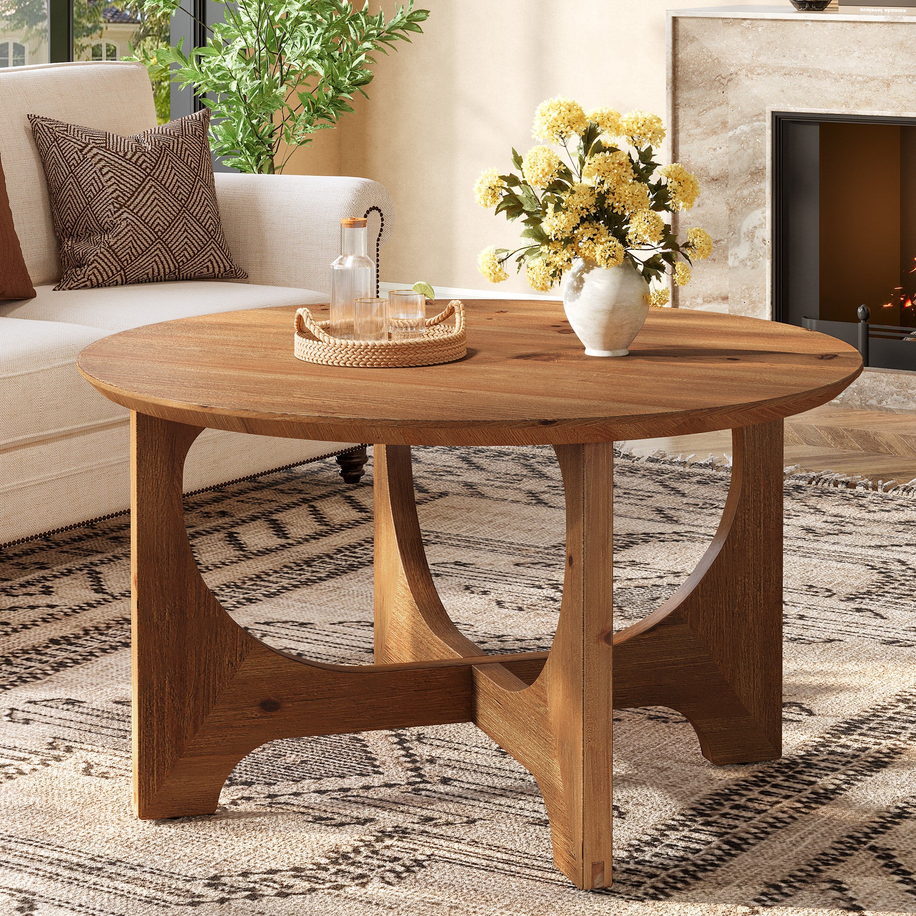 Solid Wood Coffee Table, 31.5" Round Center Table for Living Room