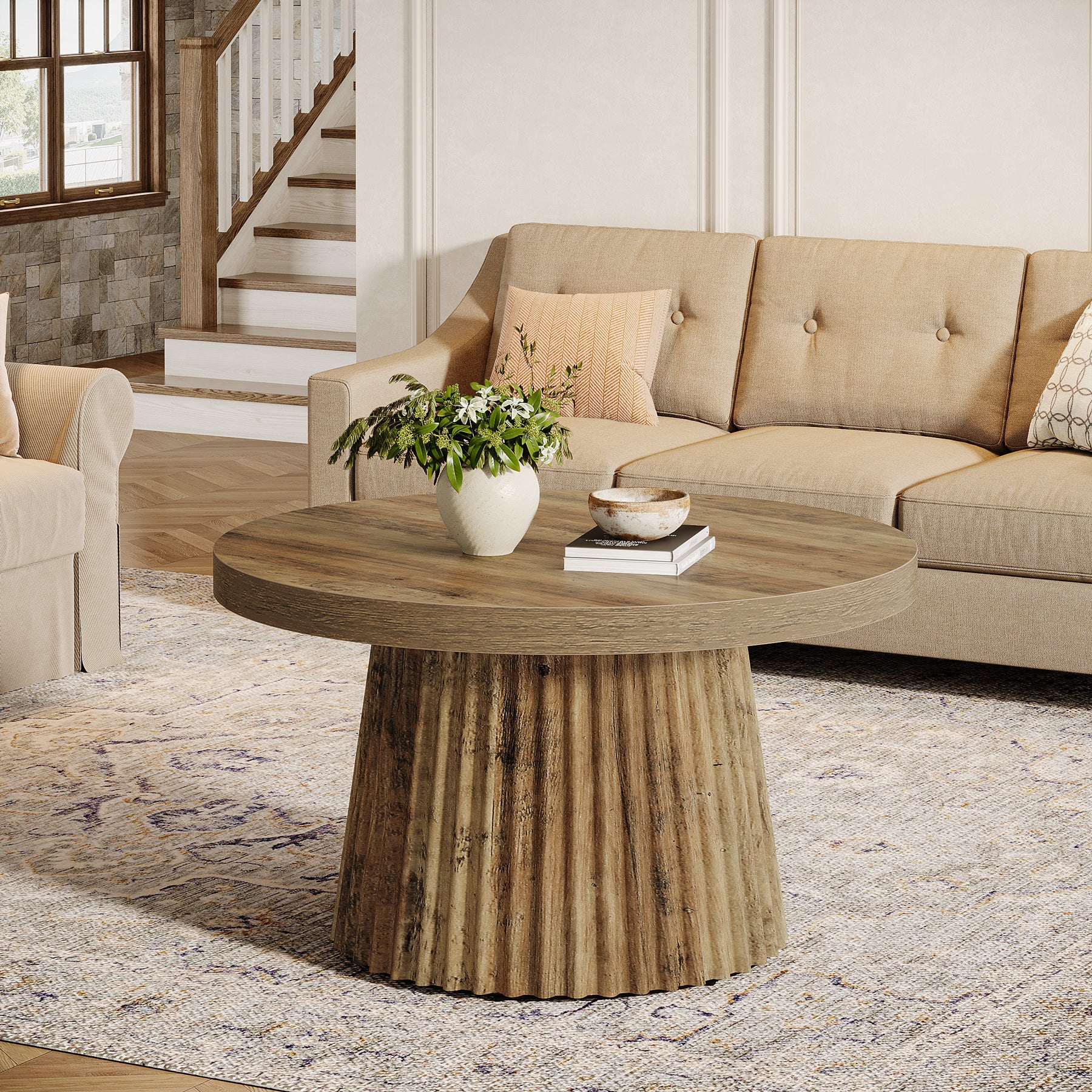 Round Coffee Table, 31.5" Circle Center Table with Fluted Drum Base
