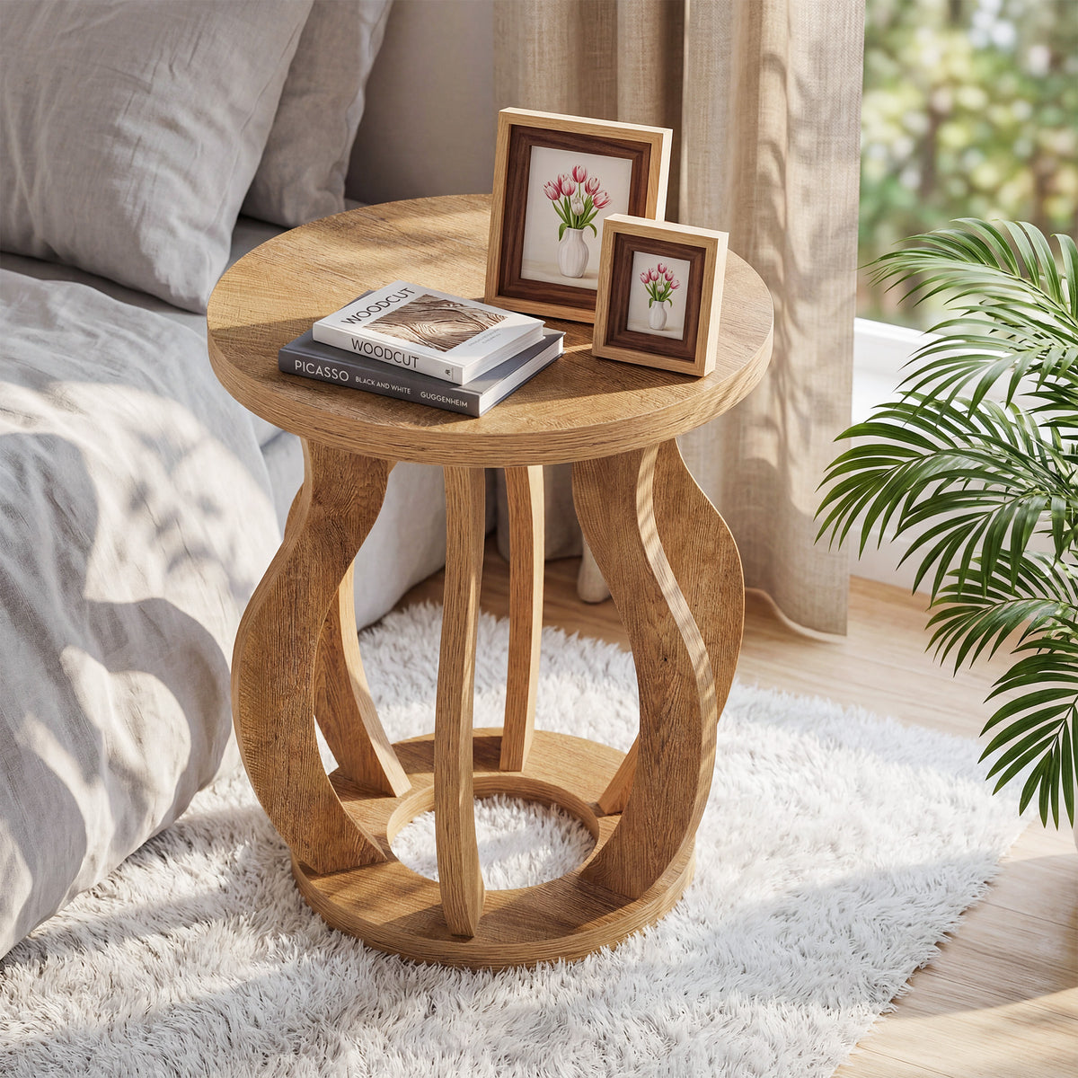 19.69" Curved Wooden Round Side Table for Small Spaces