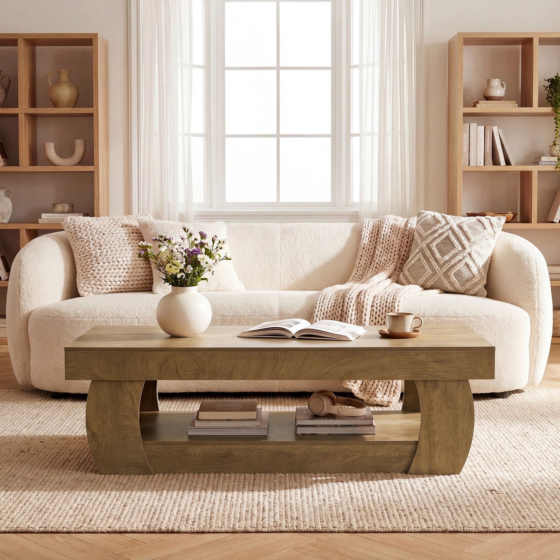 55" Farmhouse Coffee Table with Storage and Curved Pedestal Base