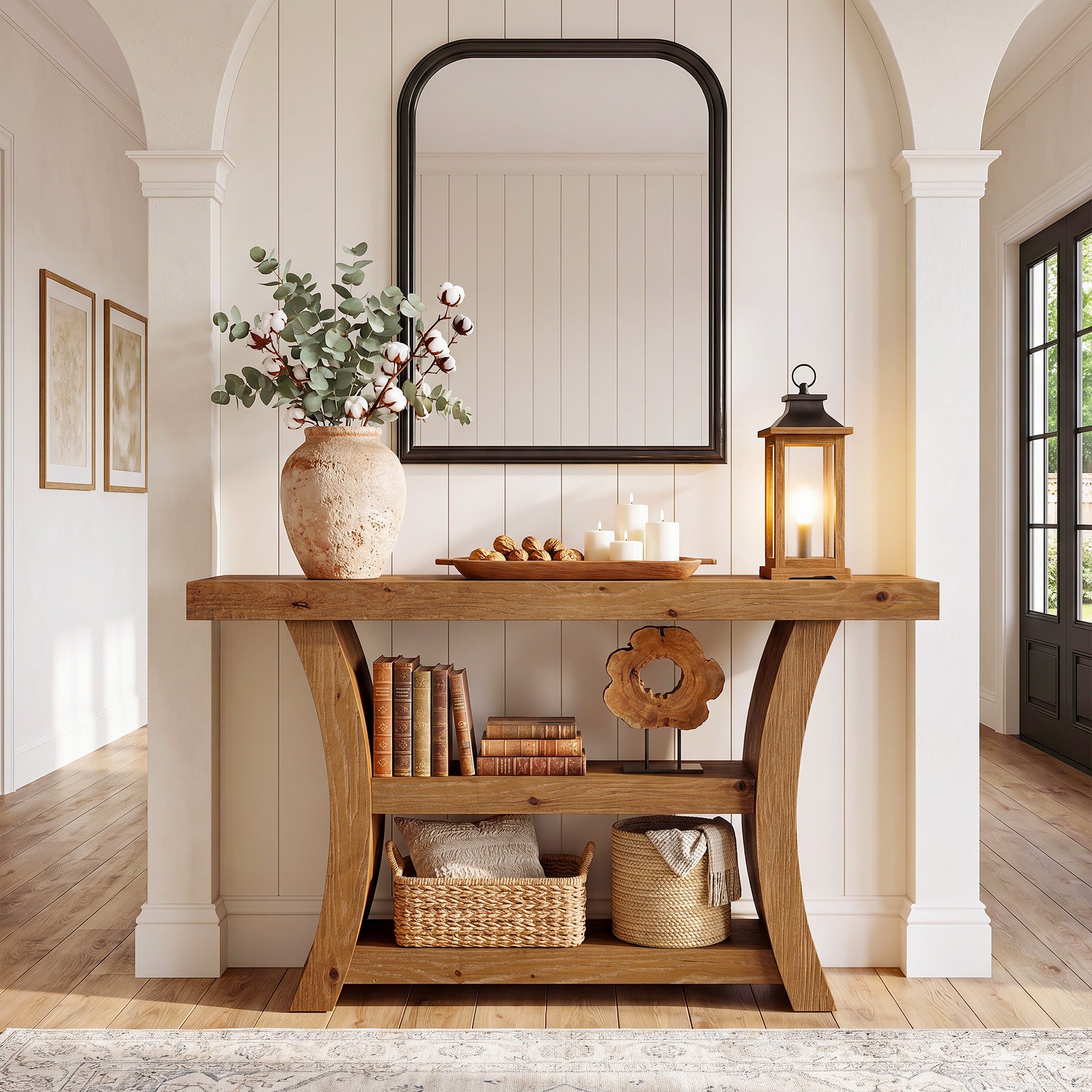 55" Solid Wood Console Table, 3-Tier Entryway Sofa Table with Open Shelves for Entrance