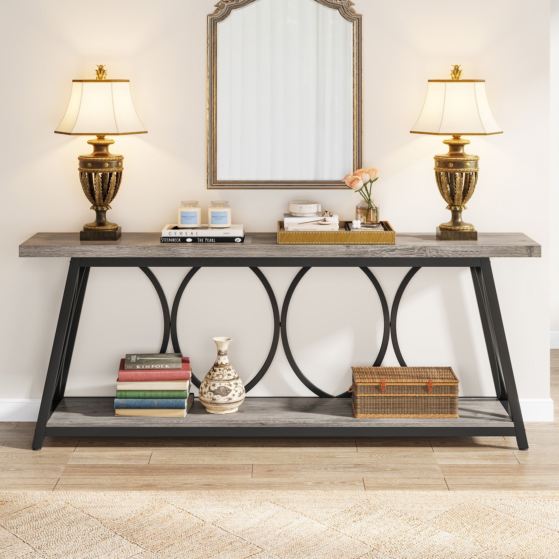 70.9" 2-Tier Industrial Console Table, Sofa Table with Shelves for Living Room or Entryway