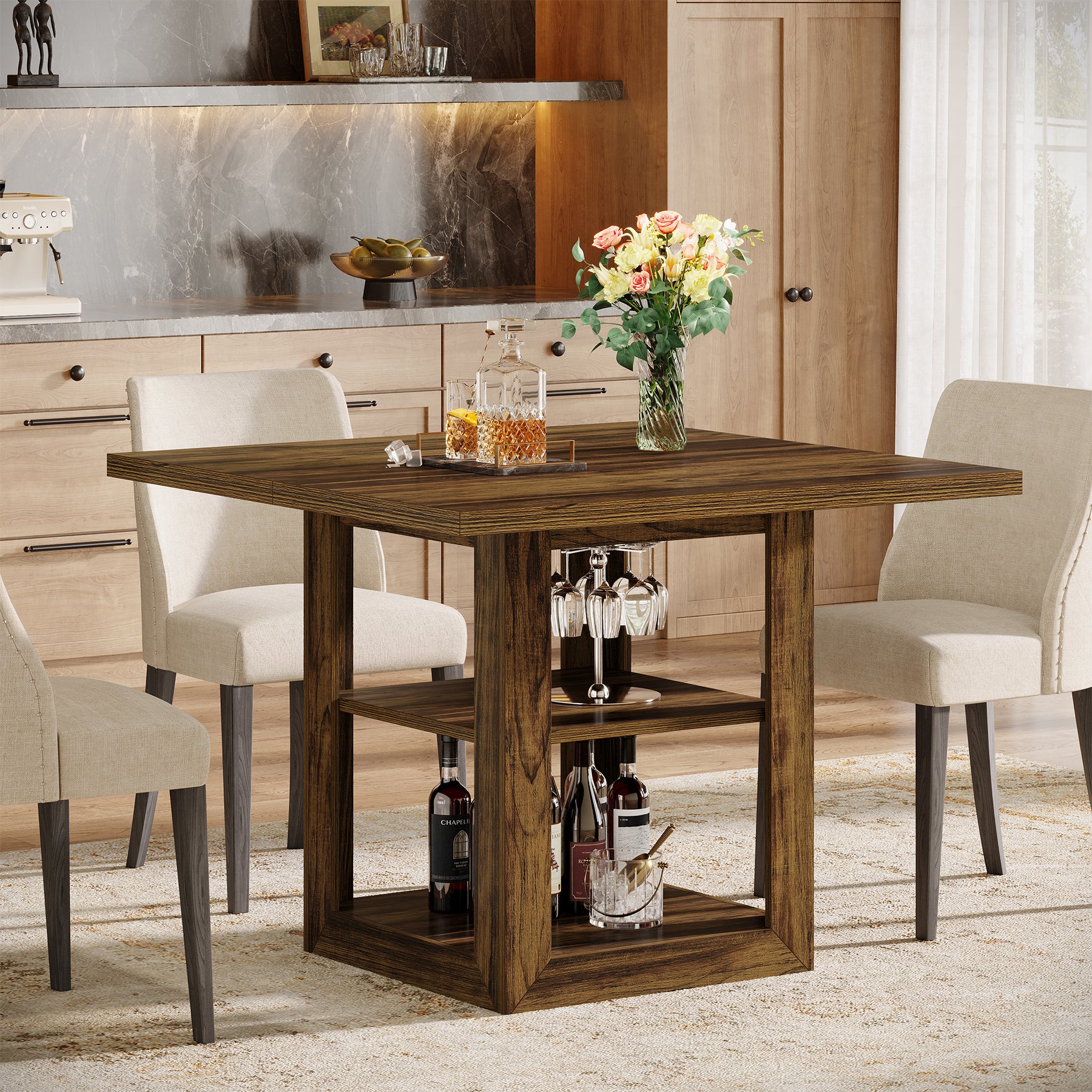 31.1" Square Dining Table for 4, Farmhouse Kitchen Table with 2-Tier Storage Shelf