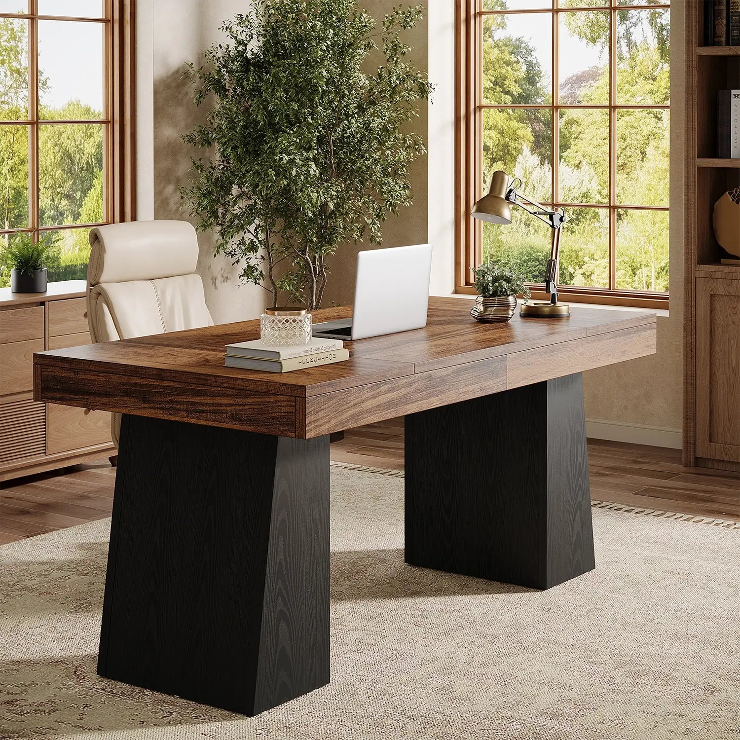 55" Executive Desk with Double Trapezoid Base, Modern Wooden Computer Desk for Home Office