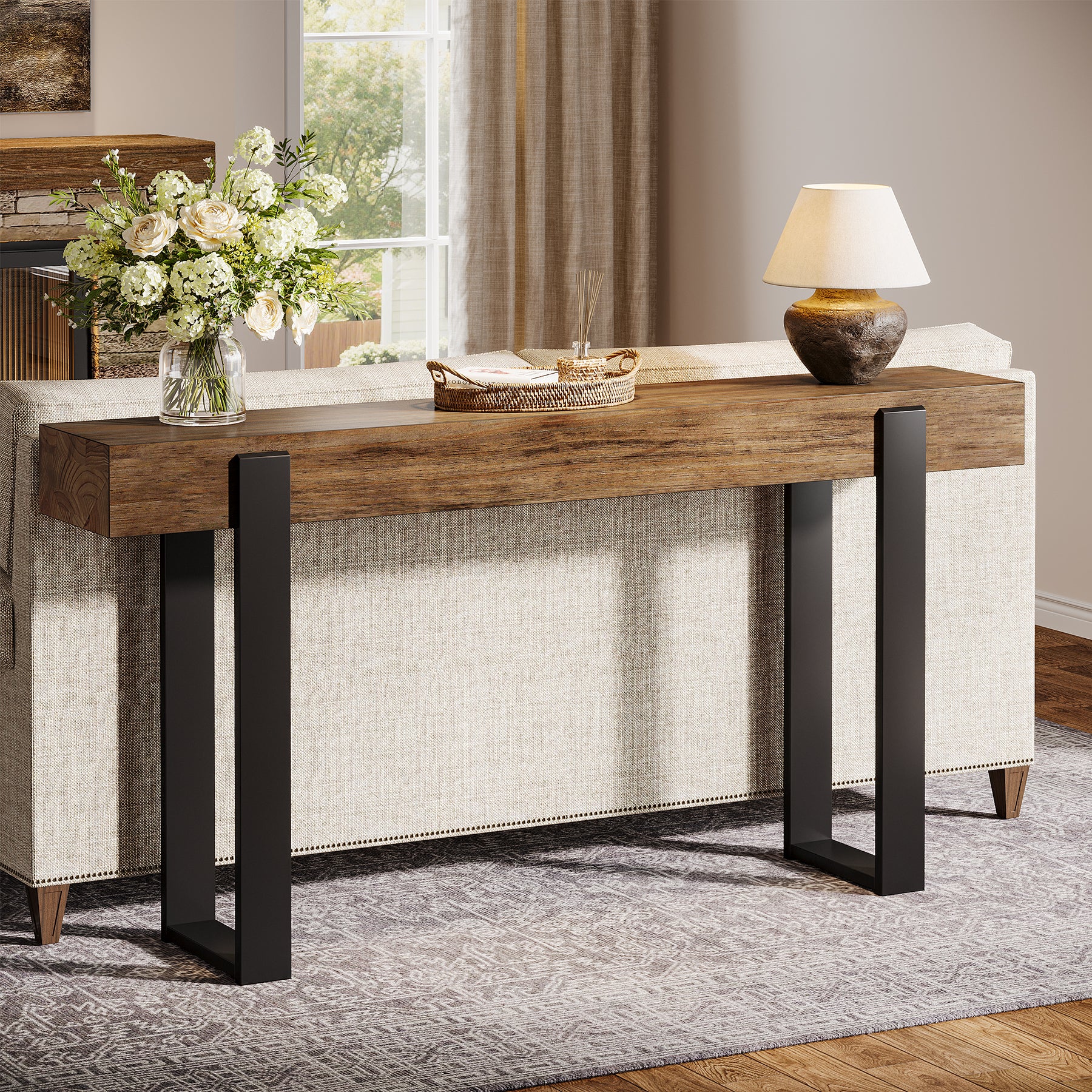 Solid Wood Console Table, 63" Entryway Sofa Table with Metal Legs