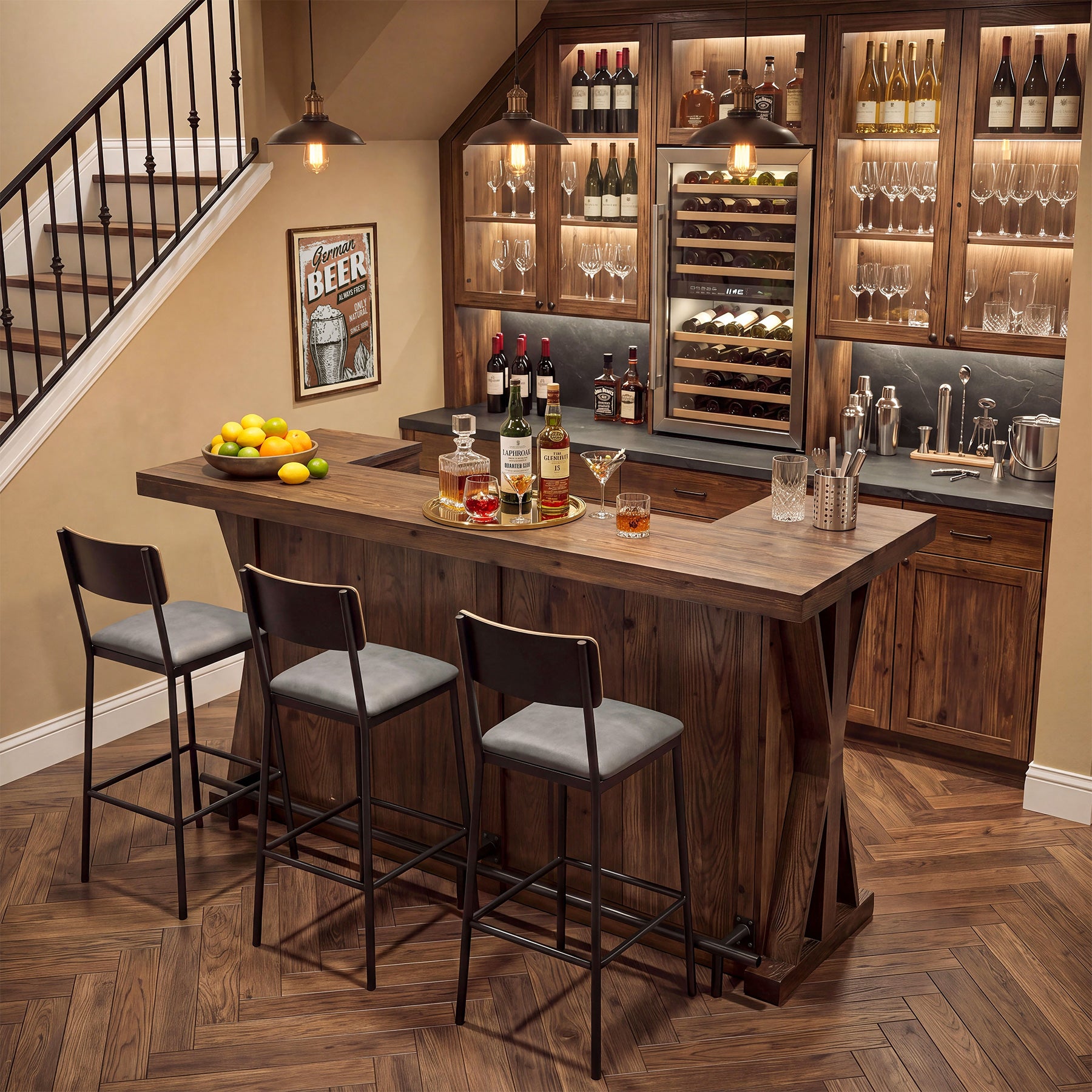 59" Home Bar Unit with Storage Shelves & Foot Rail, Farmhouse Solid Wood 3-Tier Bar Cabinet