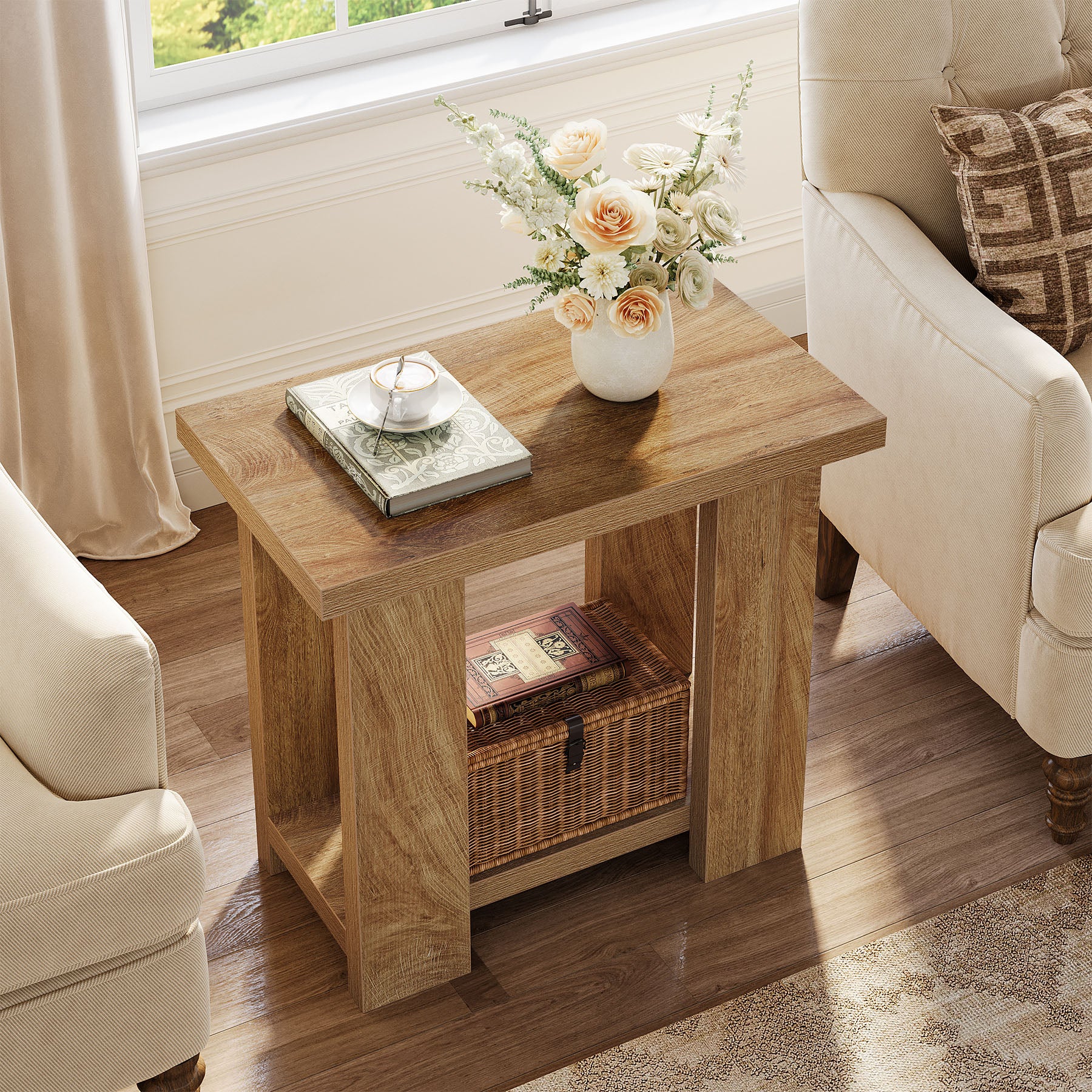 2-Tier End Table, Farmhouse Side Table with Storage Shelves for Small Space