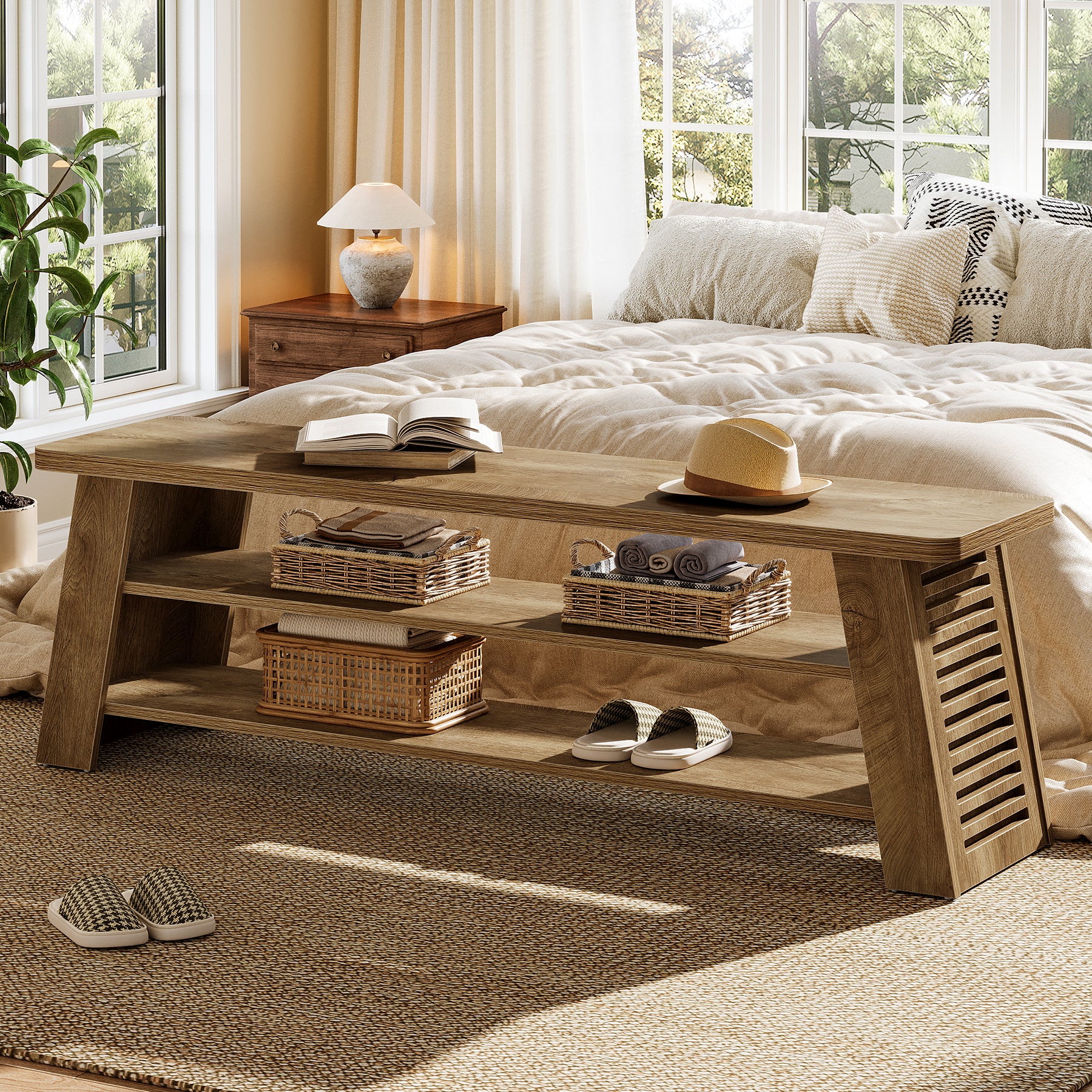 3-Tier Entryway Shoe Bench, 47" Dining Bench with Storage Shelves