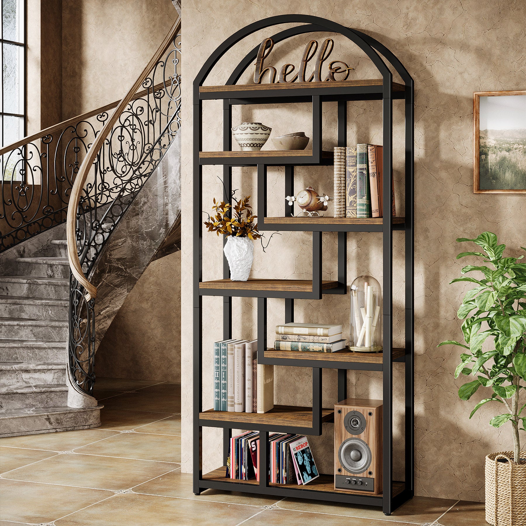 71" Industrial Bookshelf, Arched Bookcase with Open Display Shelves