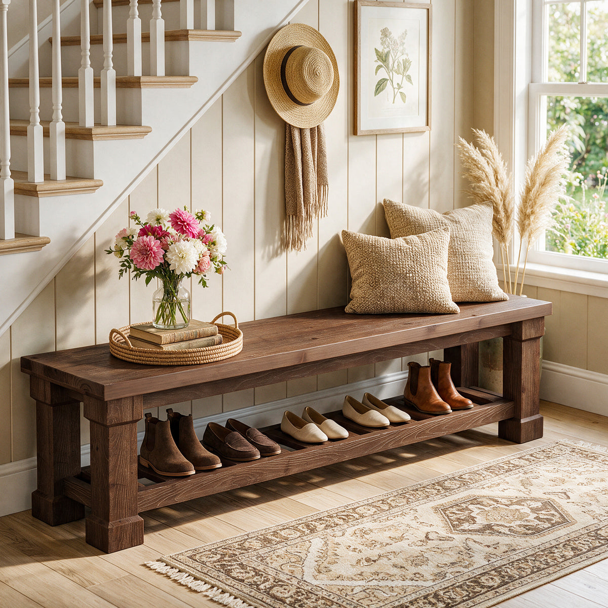 59" Solid Wood Entryway Bench with Shoe Storage, Farmhouse End of Bed Bench