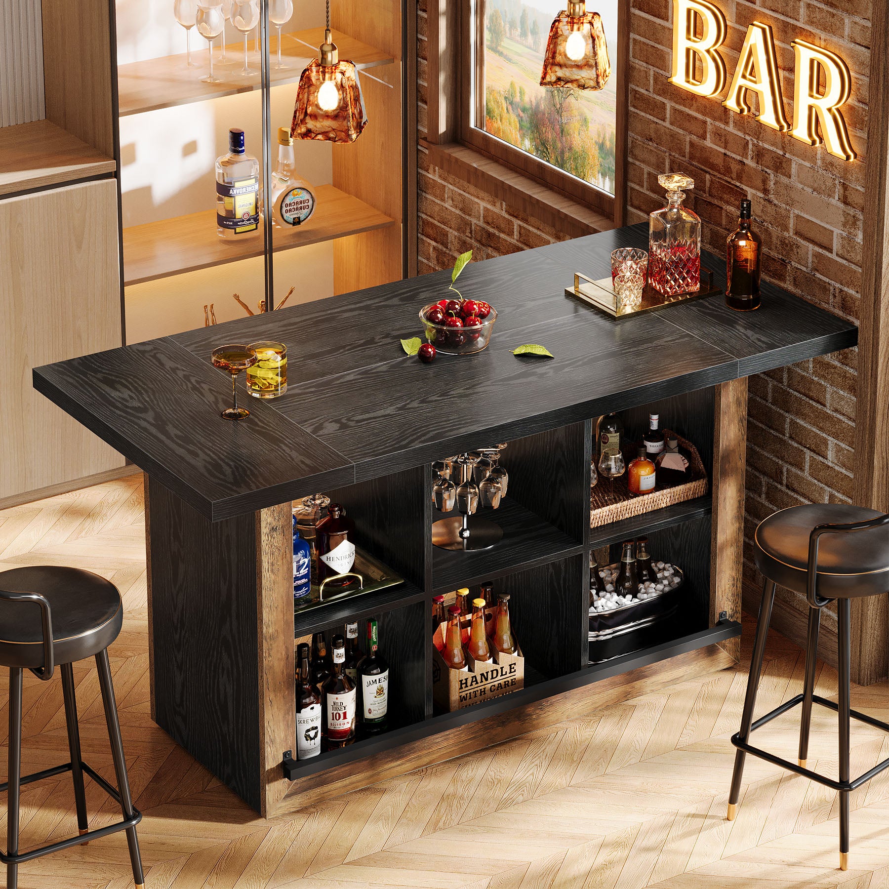 62.6" Bar Table, Rectangular Home Bar Cabinet Unit with 6 Spacious Cubbies