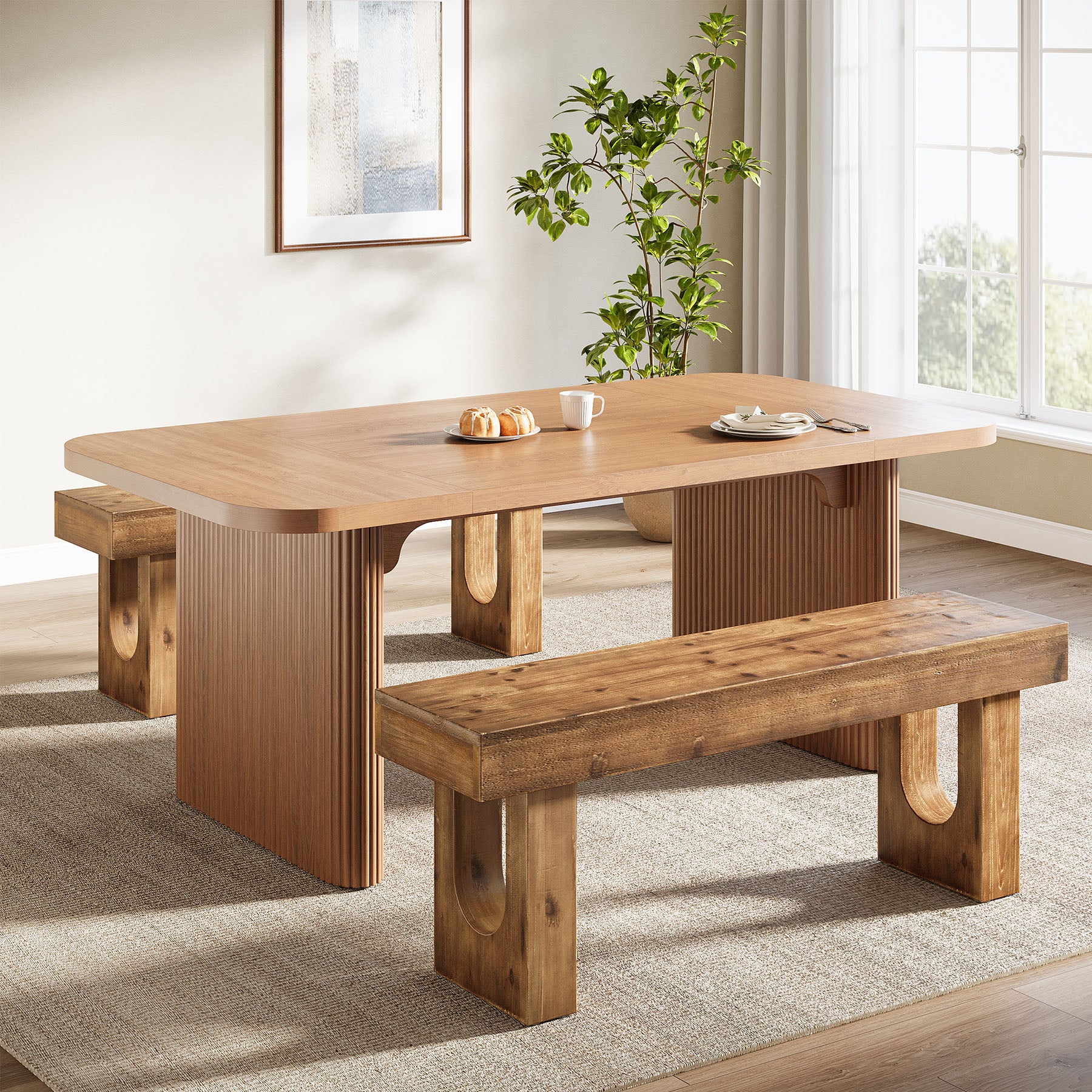 47" Wood Dining Bench, Farmhouse Kitchen Table Bench with Sturdy Legs